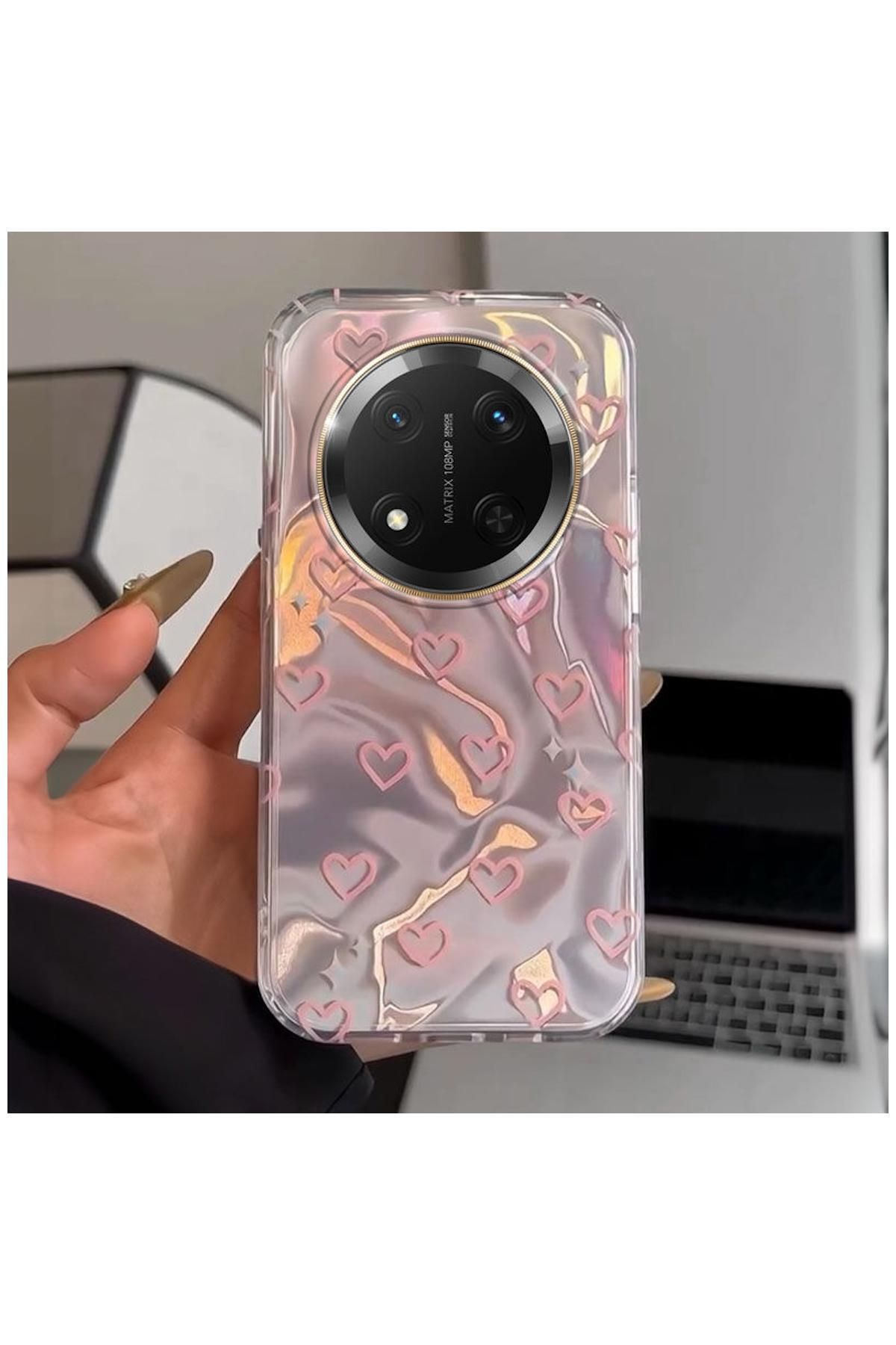 Zebana Honor Magic 7 Lite Uyumlu Kılıf Zebana Pink Heart Silikon Kılıf Pembe