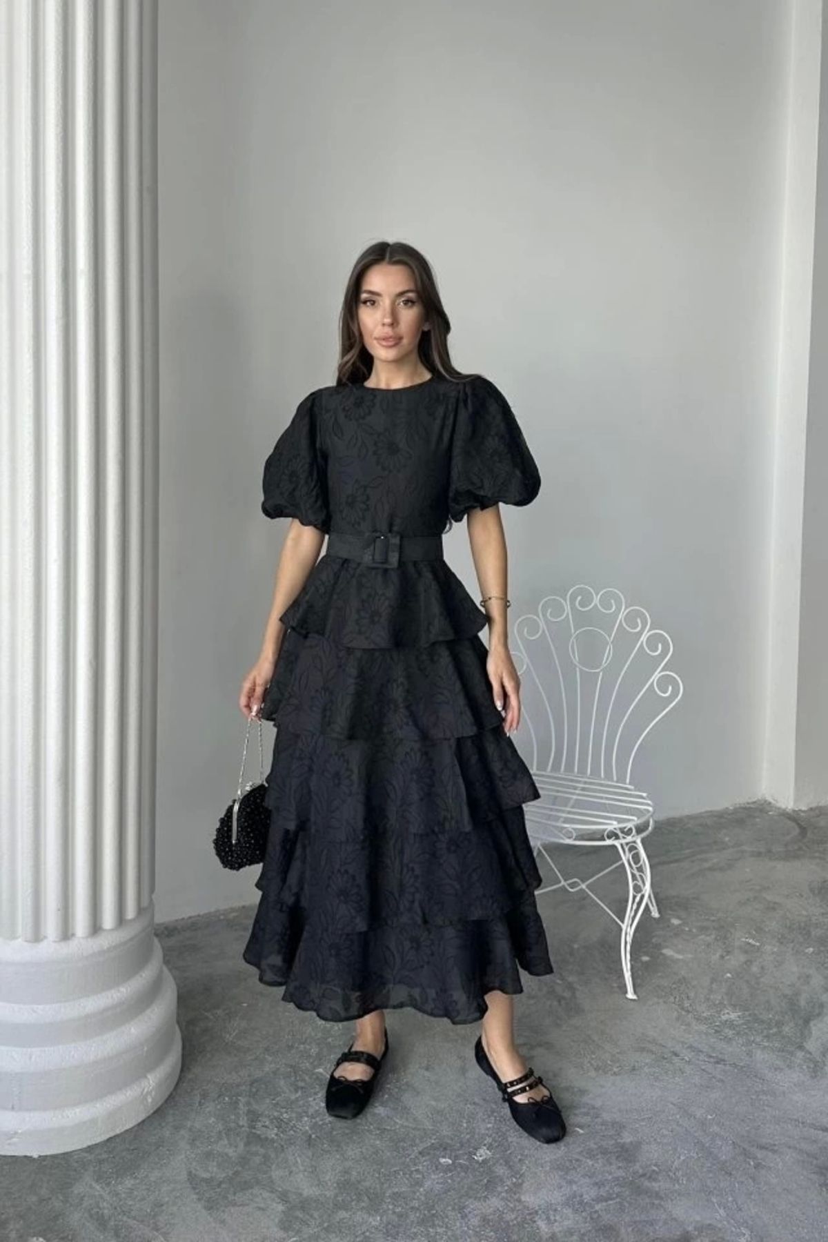 Butik Siyah Kat Kat Balon Kollu Kemerli Elbise