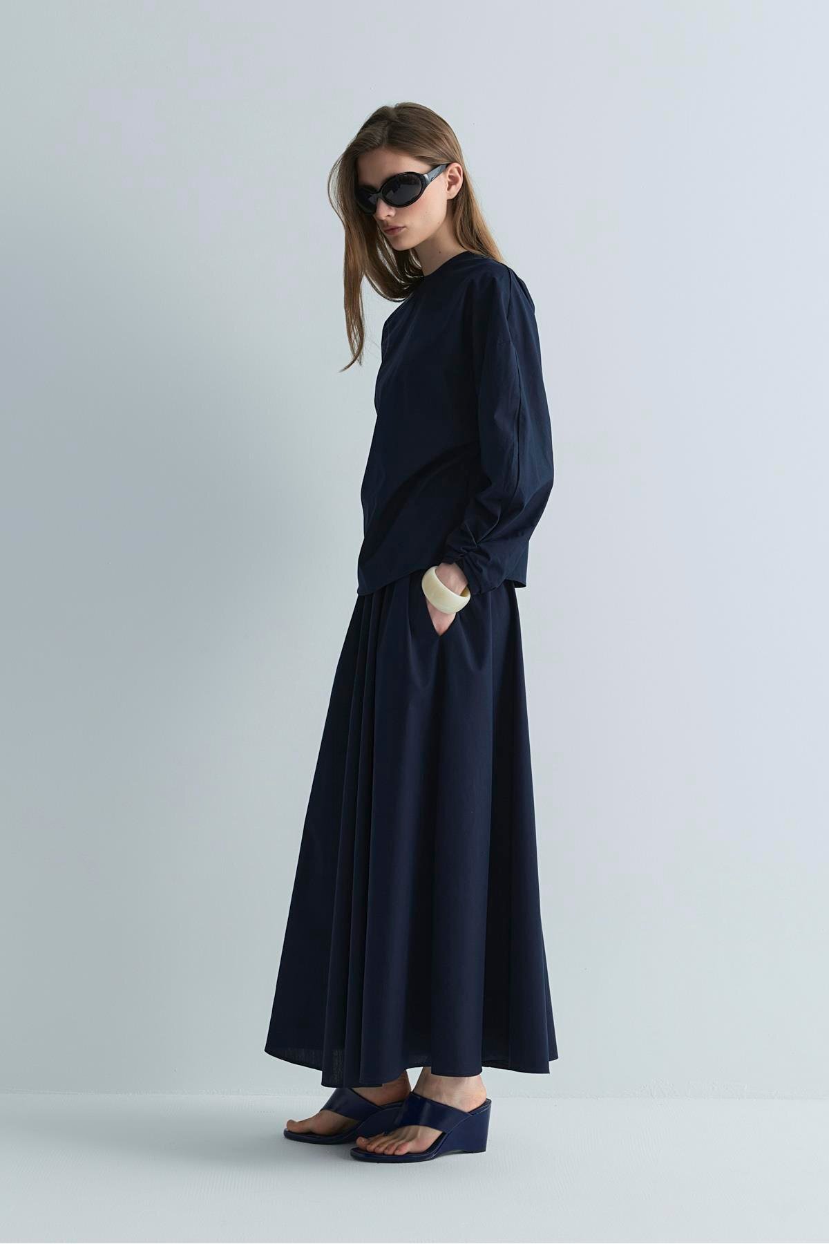 Suud Collection-Μπλε ναυτικό Lara Flared φούστα 7