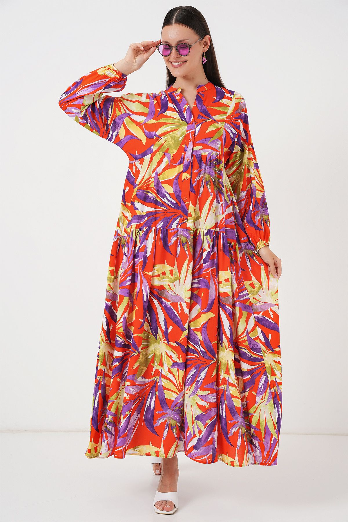 Bigdart-2423 Rochie Hijab cu Motive Autentice - B.Lila 1