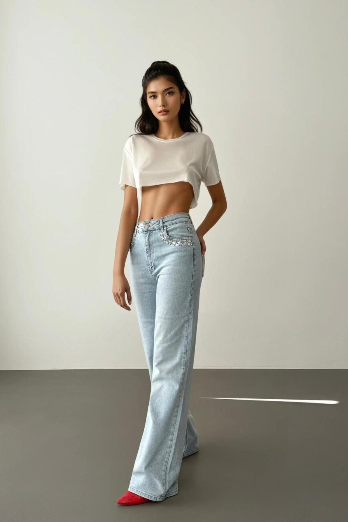 LACARINO 7984 Wide Leg Kadın Jean Pantolon