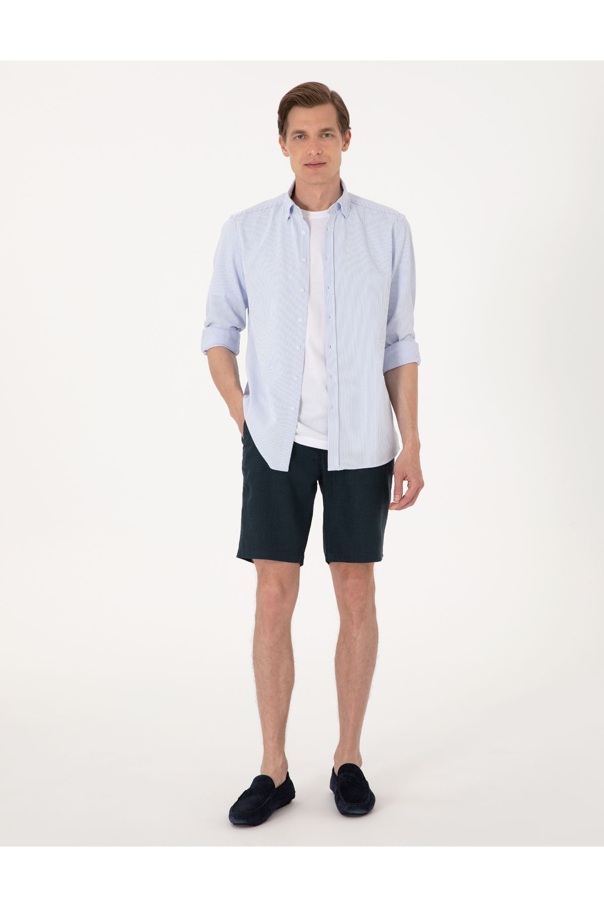 Pierre Cardin Lacivert Slim Fit %100 Keten Dokuma Şort 50301780-VR033