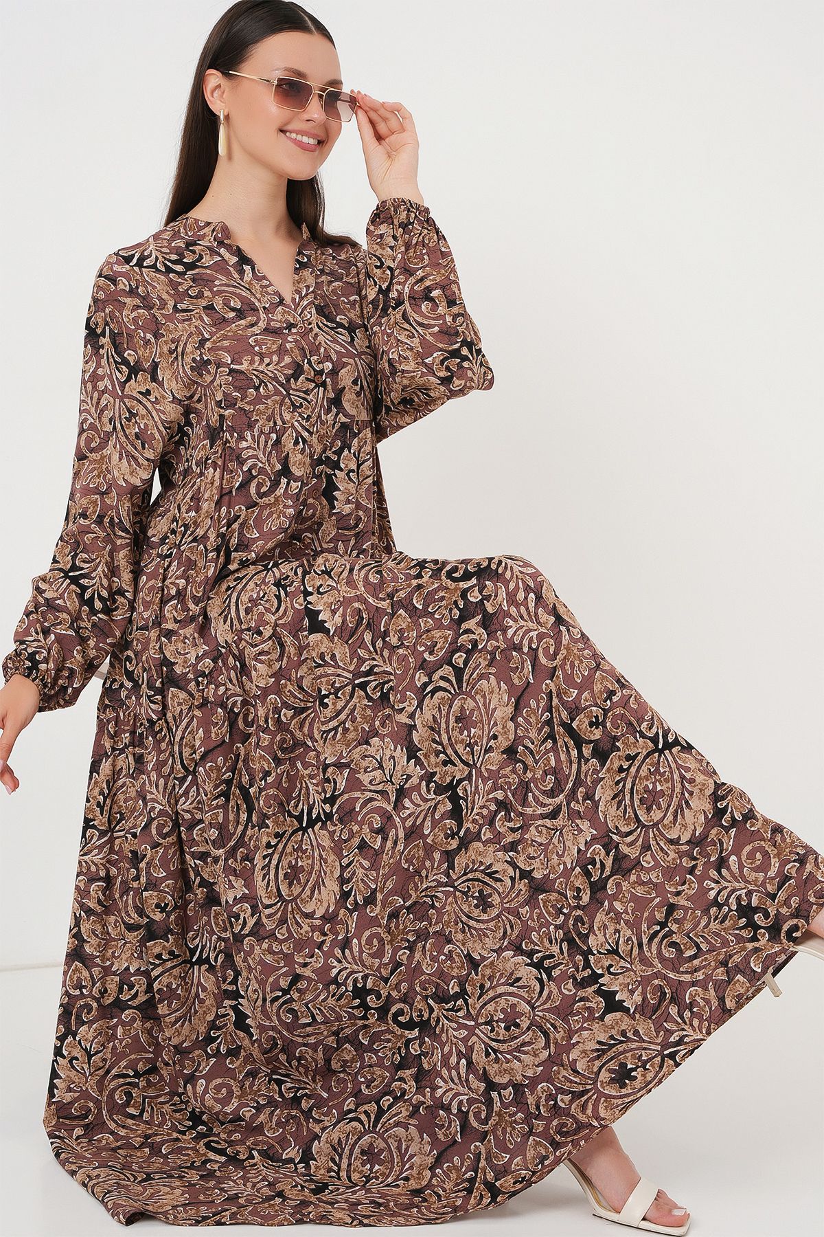 Bigdart-2423 Authentic Patterned Hijab Dress - C. Dusty Rose 2