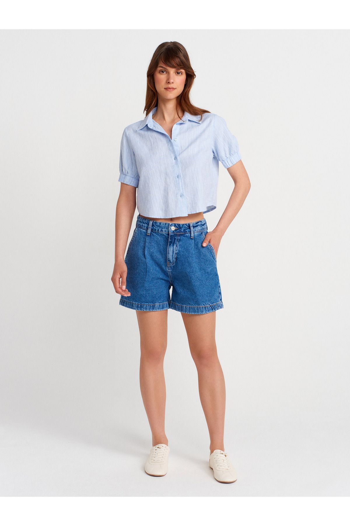 Dilvin 72000 Yan Cepli Pileli Denim Şort-Lacivert