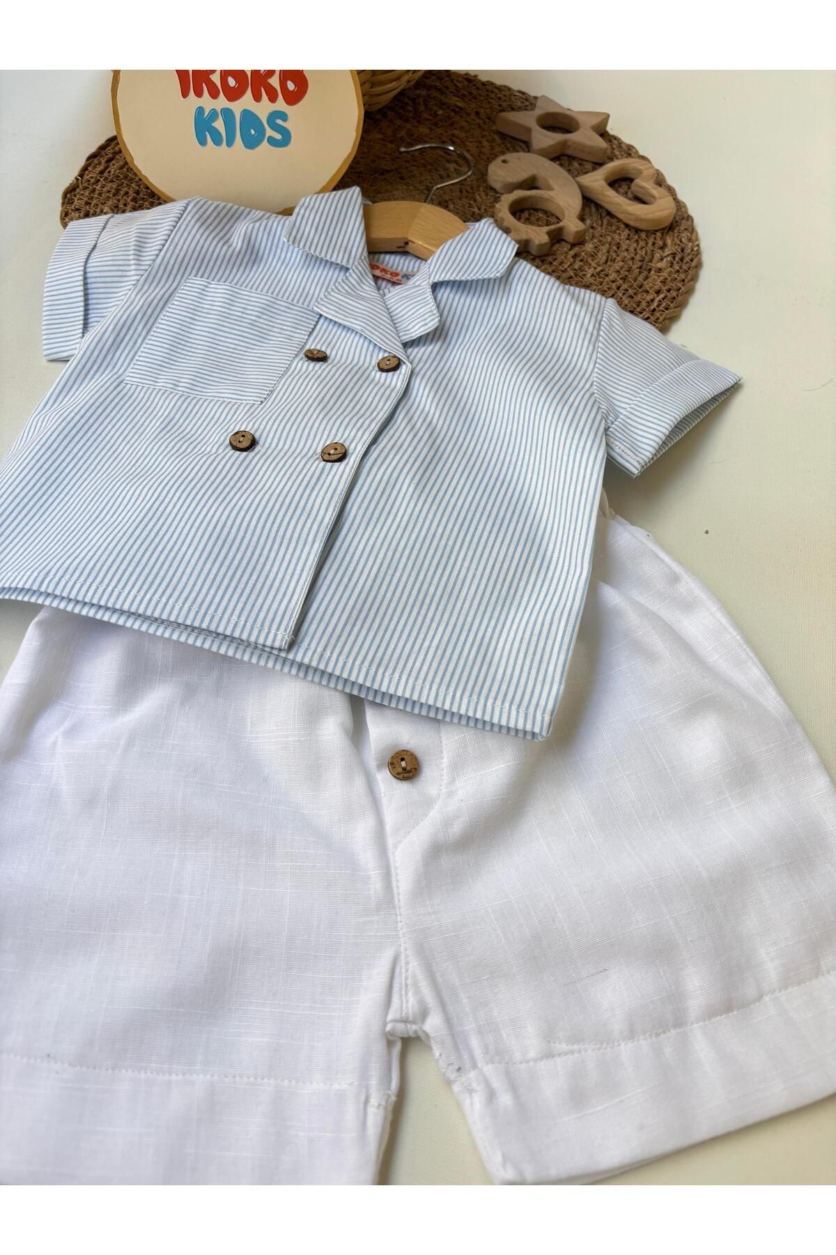 ikokokids Mavi-Çizgili-Gömlek-Beyaz-Şort-Takım