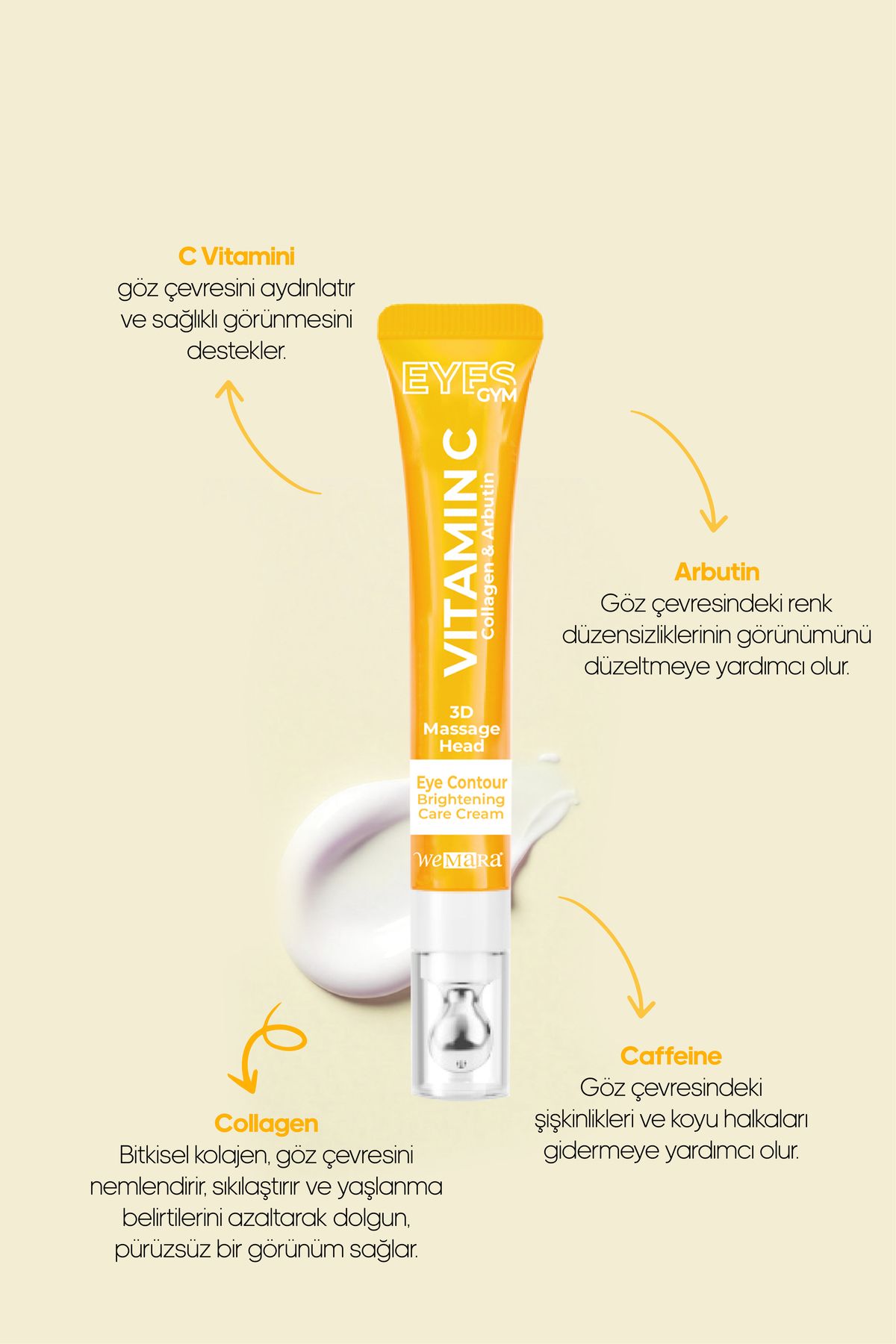 WeMara Vitamin C & Brightening (SARI) Masaj Başlıklı Göz Kremi 18 ml