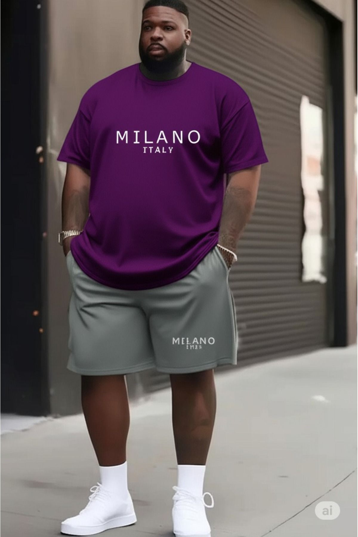 NO 601 Erkek Mor T-shirt Gri Şort Milano Büyük Beden Battal Beden Takımı