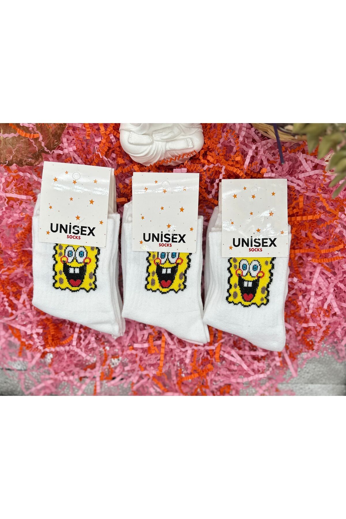 MGEStore 3'lü Unisex Kolej Çorap Sünger Bob Desenli Beyaz Uzun Çorap Çizgili