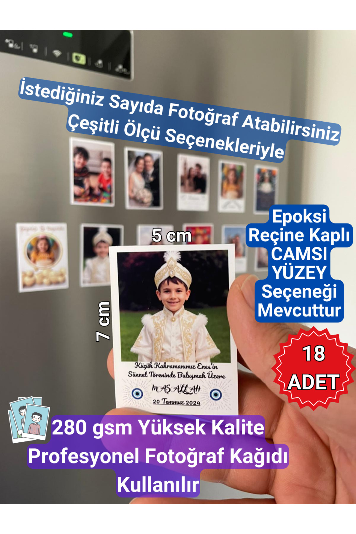Magnetic Shop Kişiye Özel Yazılı Sünnet Davetiyesi Resimli Magnet Yüksek Kalite Fotoğraf Kağıtlı 5x7cm 18 Adet