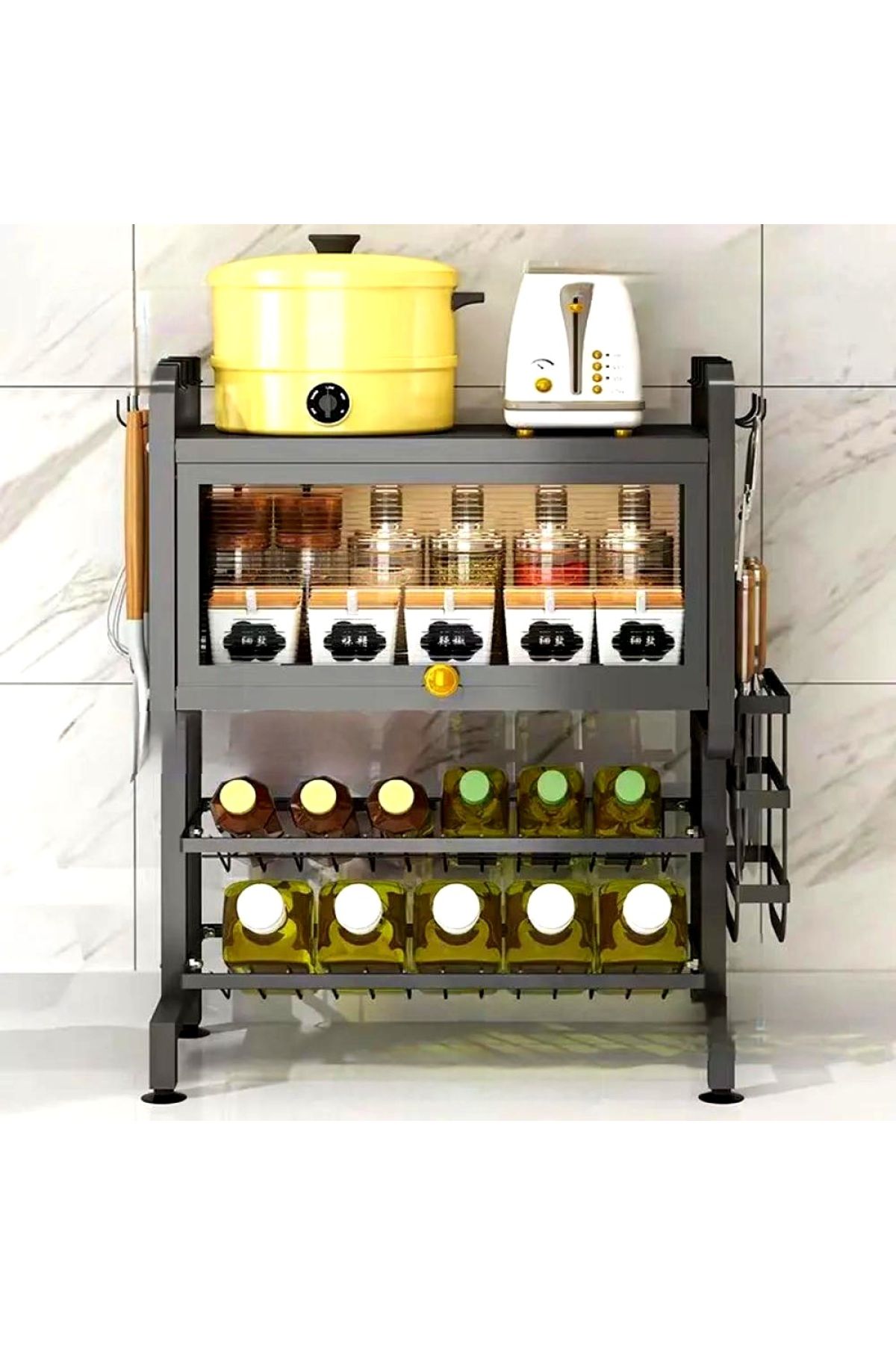 Un-Multi-level kitchen storage with tool holder and shelves for storing oils and spices, black 2
