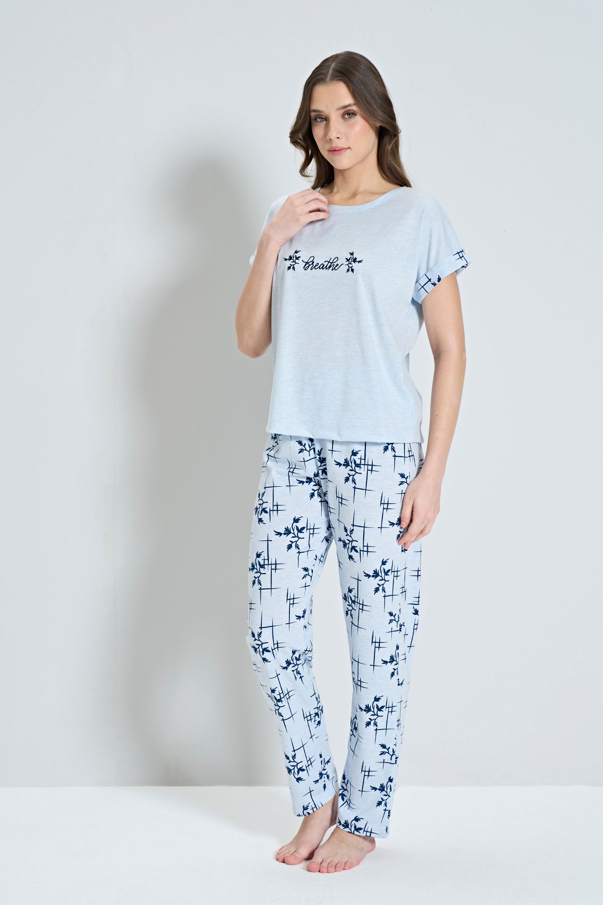 Pijadore Kadın Desenli Spor Melanj Pijama Takımı