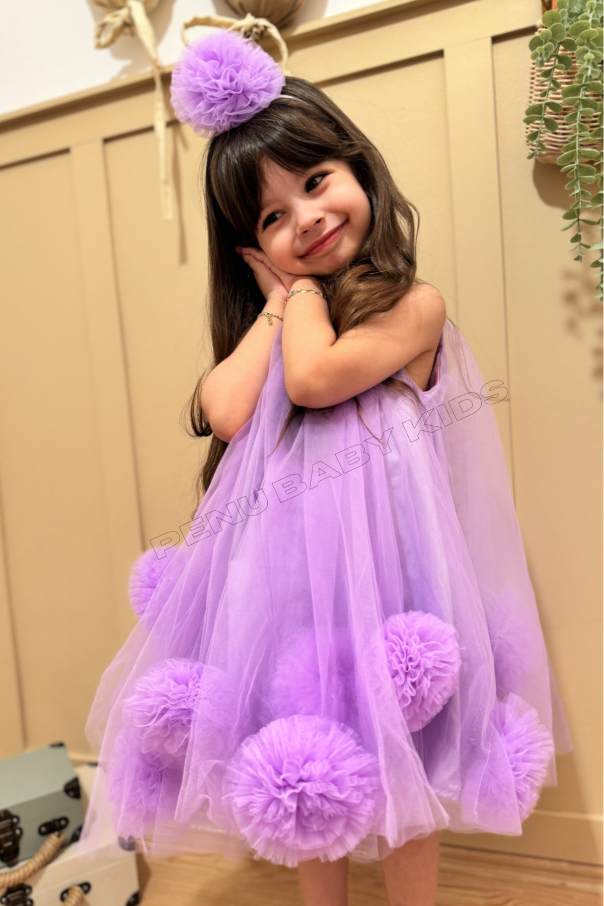 penu baby kids Lila Kolsuz Etek Ucu Ponponlu Ve Ponpon Taçlı Kız Bebek & Kız Çocuk Elbise - Lara fotoğrafı 2 (önizleme)