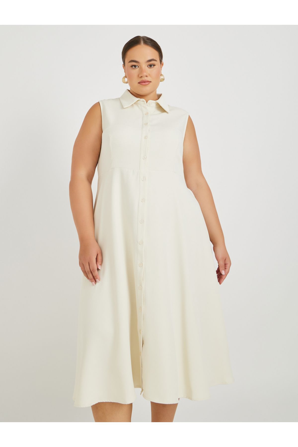Styli-Plus Size Sleeveless Shirt Midi Dress 3