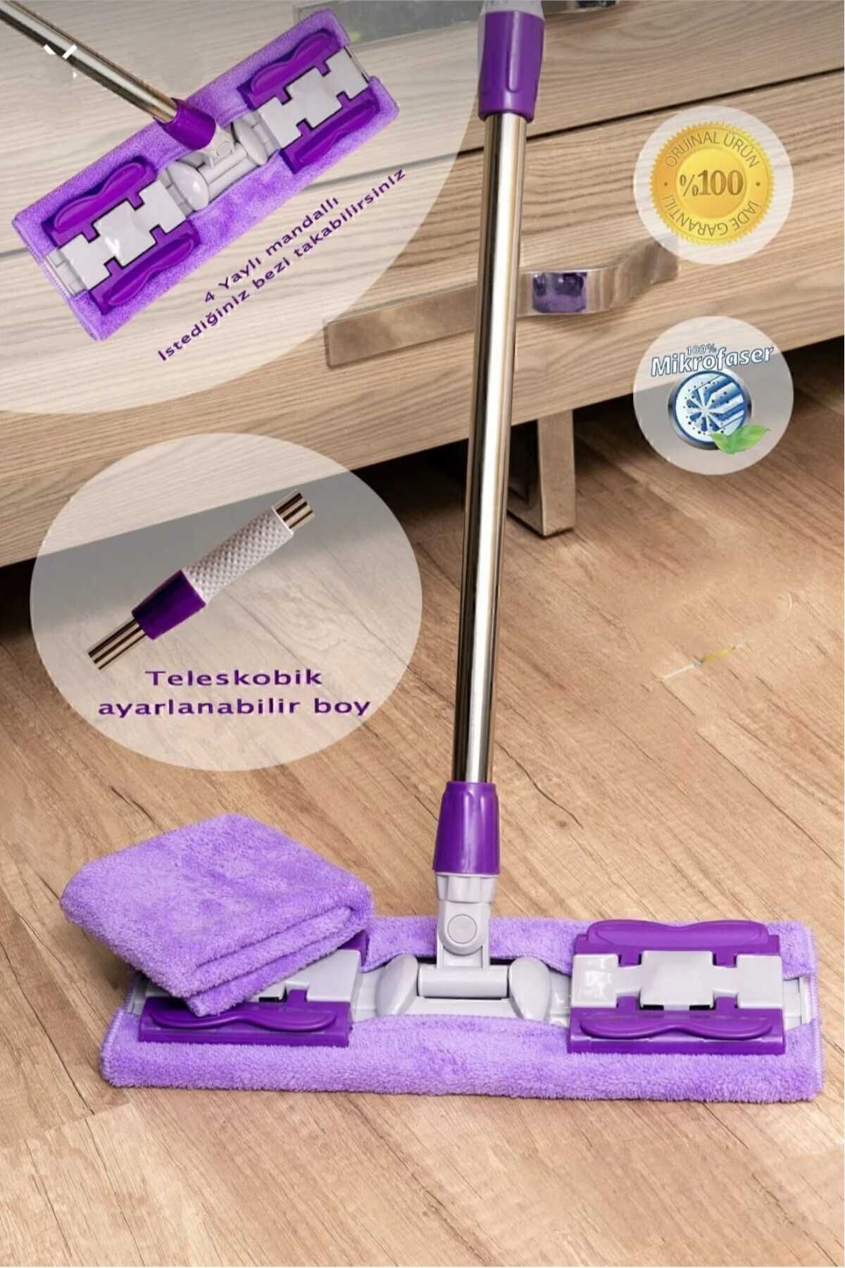 SOFT Mop Paspas Ve Mop 1 Yedek Bezli Yer Mopu Duvar Fayans Cam Temizlik Mikrofiber 4 Mandallı Mop