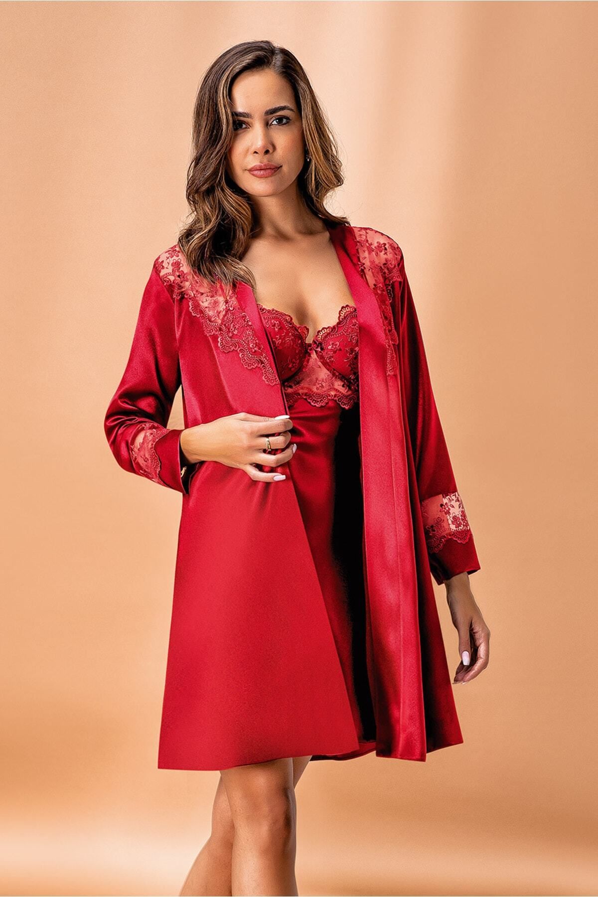 mdm style 5384 - Kaplı Saten Kimono Takım