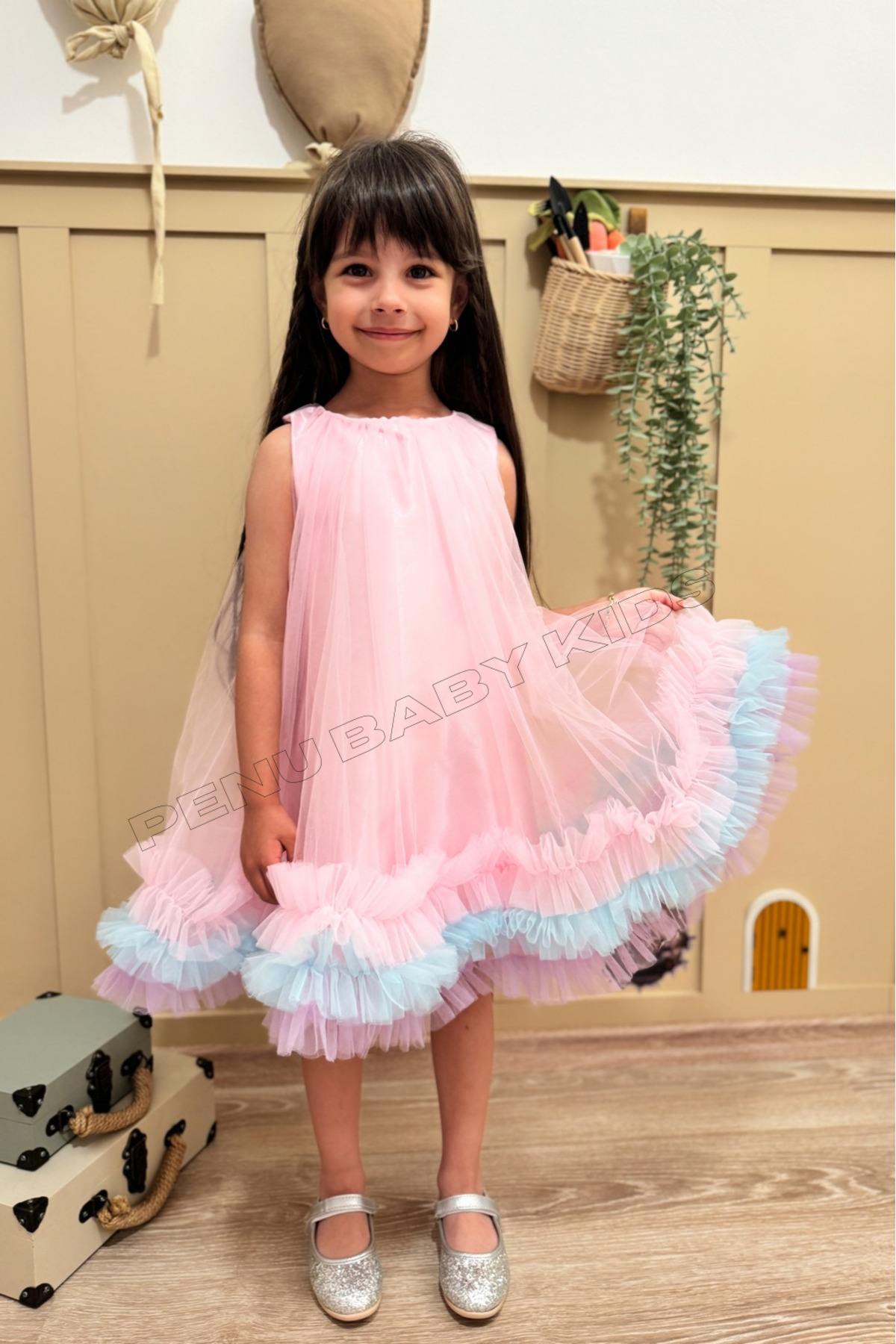 penu baby kids Pembe Etek Ucu Renkli Fırfırlı Parlak Saten Üstü Kloş Tül Jile Kız Bebek & Kız Çocuk Elbise - Donna fotoğrafı 7 (önizleme)