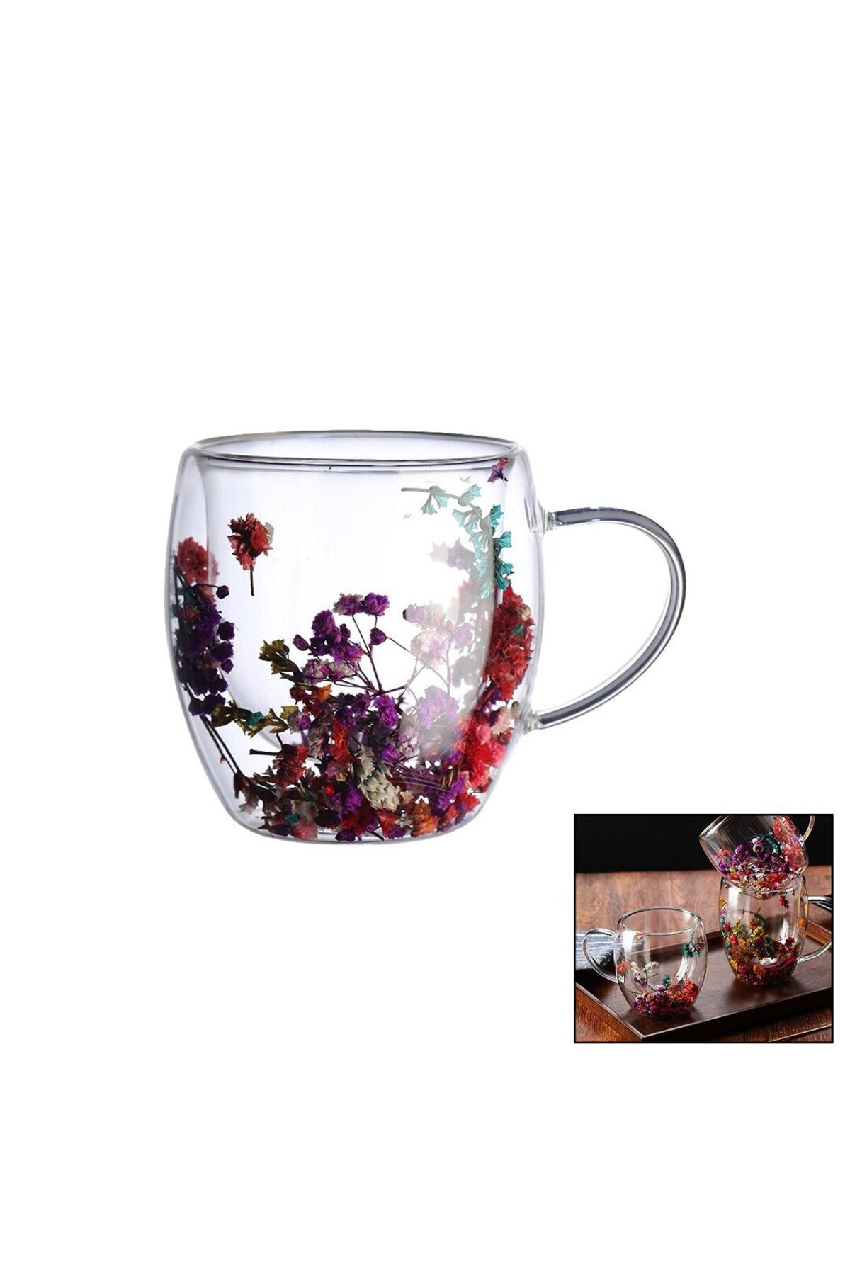 Zayla 240ML - GENİŞ - KALPLİ ÇİFT CİDARLI - ÇİÇEK SÜSLÜ TERMİSİL - ISIYA DAYANIKLI CAM BARDAK (5165)