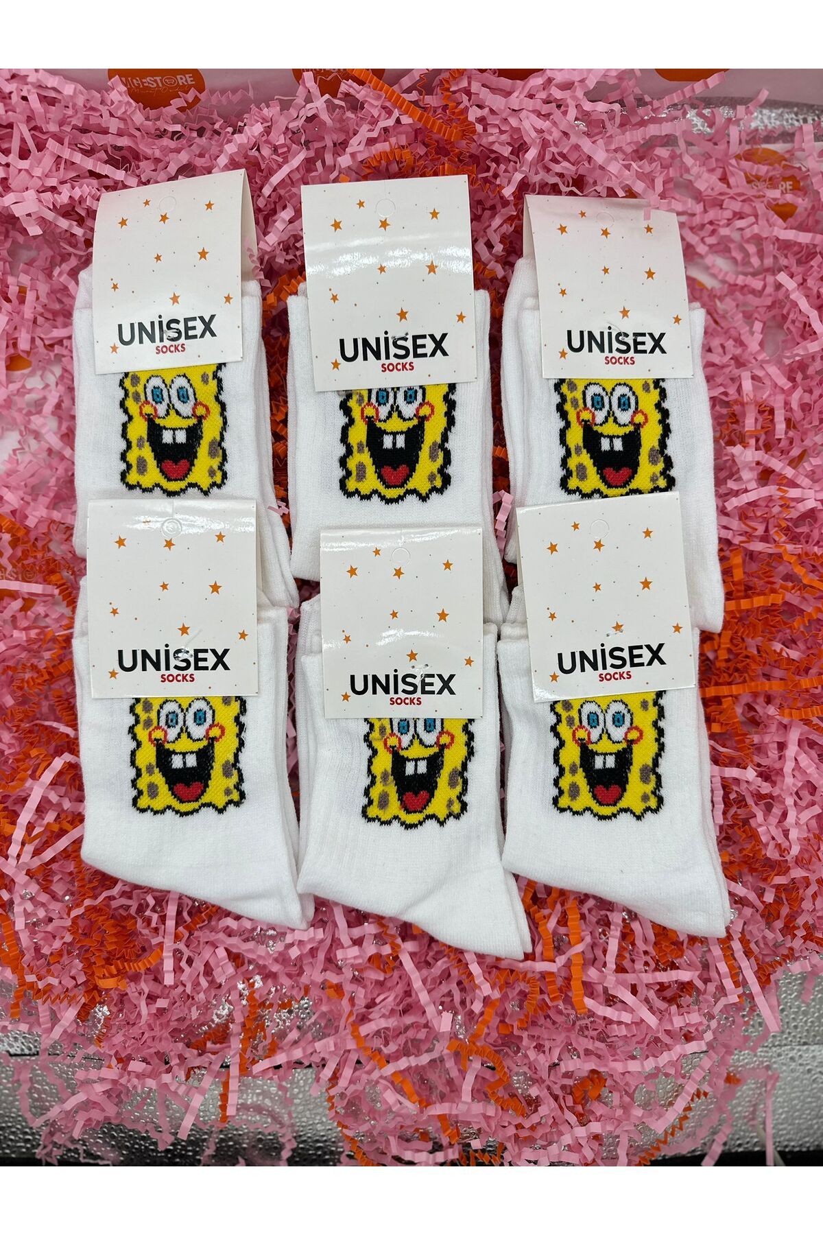 MGEStore 6'lı Unisex Kolej Çorap Sünger Bob Desenli Beyaz Uzun Çorap Çizgili