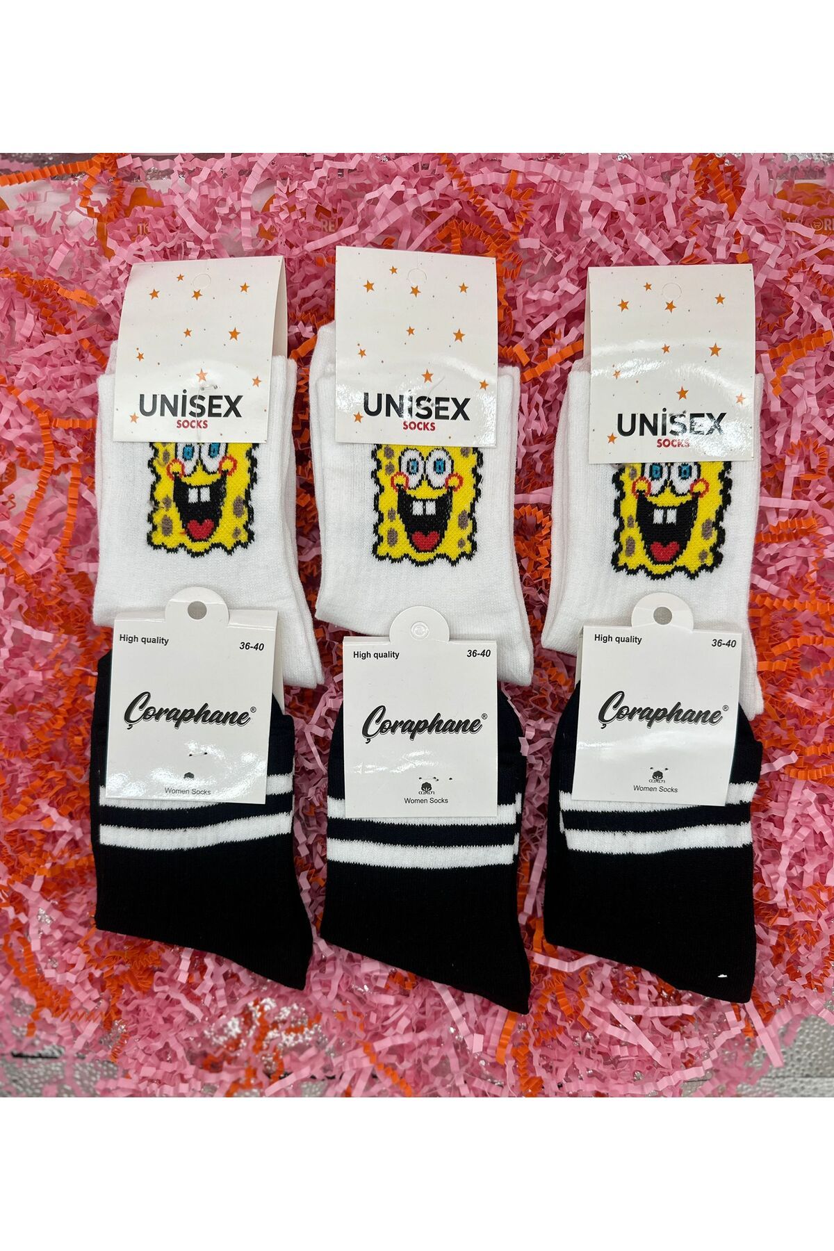 MGEStore 6'lı Unisex Kolej Çorap Siyah Çizgili ve Sünger Bob Desenli Uzun Çorap Çizgili