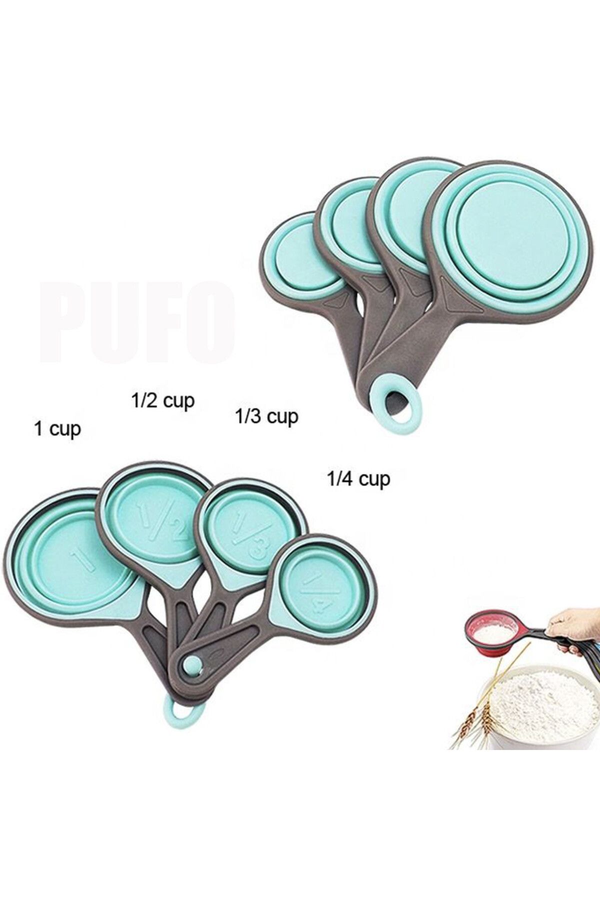 PUFO-Set of 4 different sized Pufo spoons for measuring ingredients, spices, gray/green 3