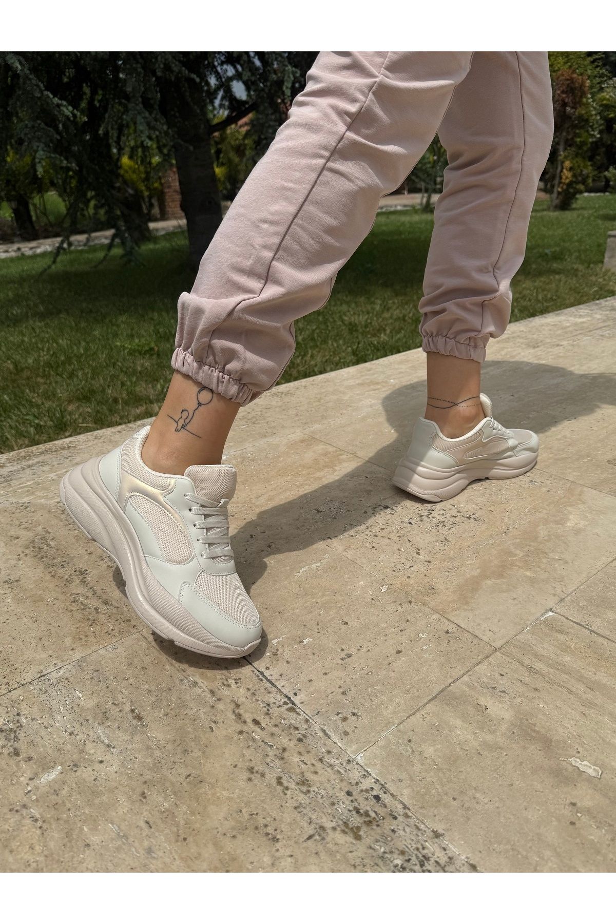 BURCU COLLECTİON Mila Nefes Alabilir Bağcıklı Sneaker Pudra Spor Ayakkabı