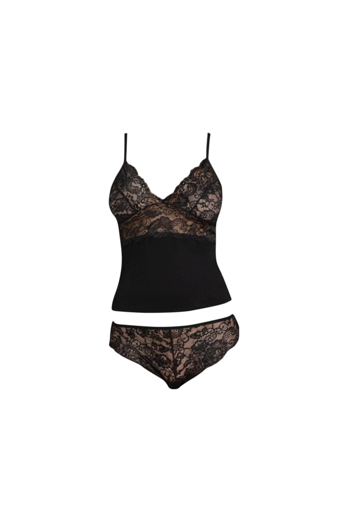 mdm style Kadın Dantelli Penye Atlet Külot Kaşkorse Set Siyah 603