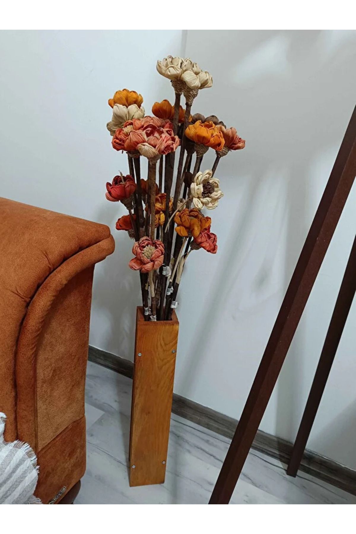 Wooden Factory Ahşap Dekoratif Vazo – Pampas & Yapay Çiçek İçin uzun Biblo 49 cm