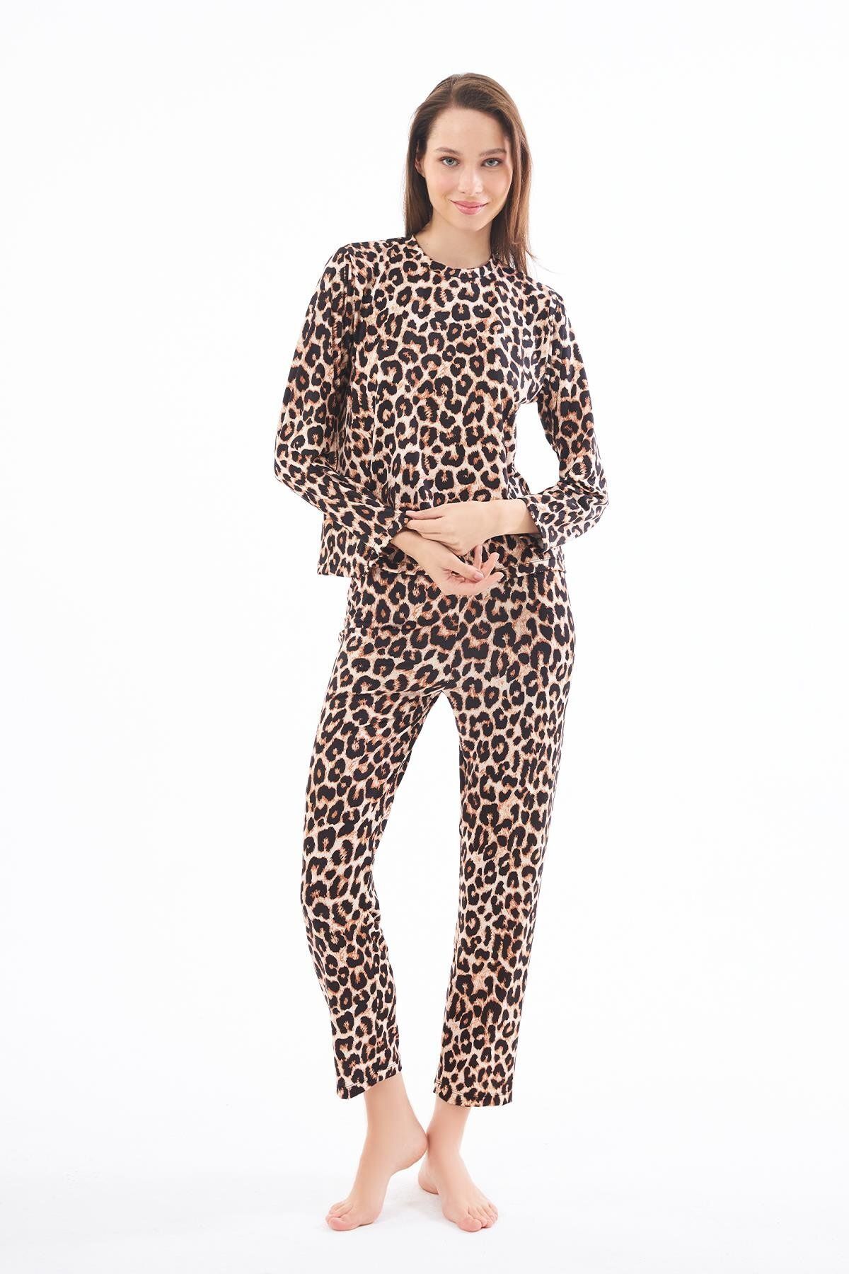 Cottonhill Premium Yazlık Kadın Pijama Takımı Leopar Desenli Yumuşak Dokulu Bisiklet Yaka Uzun Kollu
