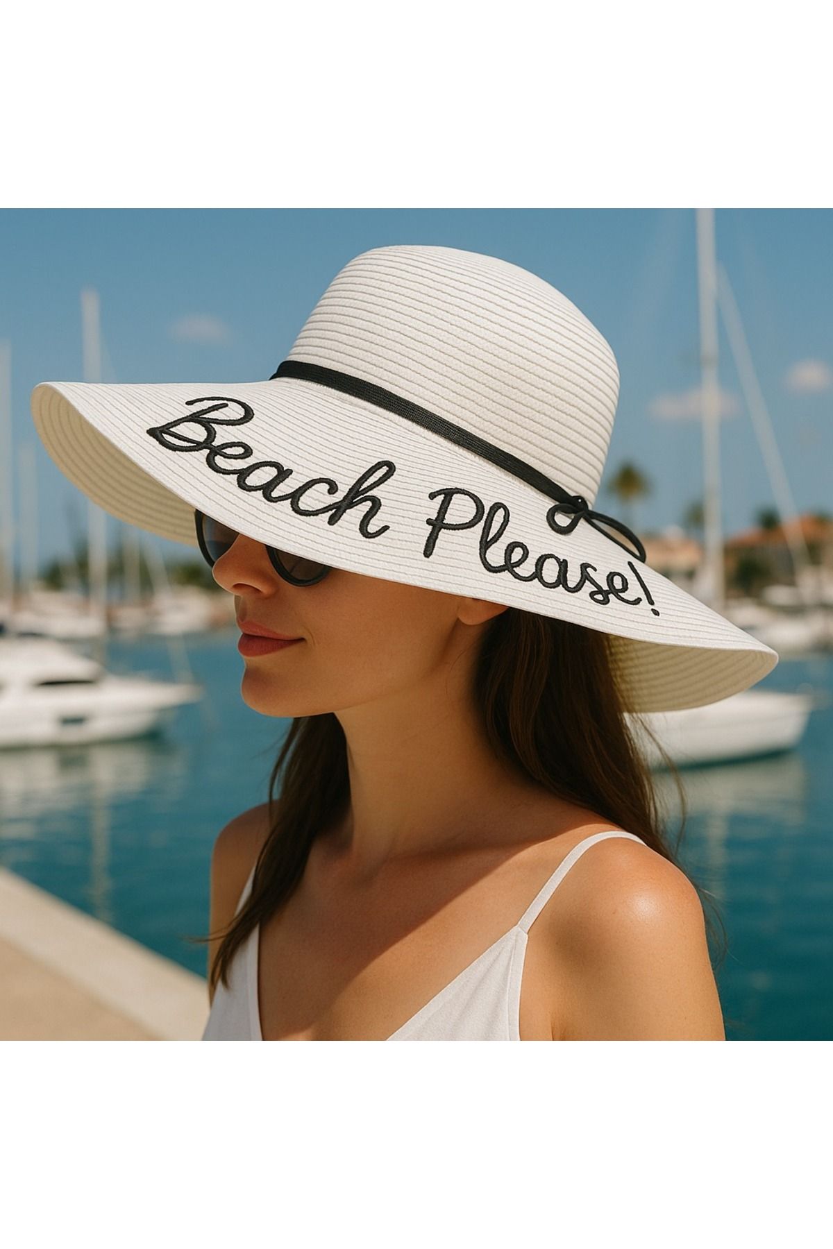 LAGRANZE Beach Please! Nakışlı Geniş Siperli Hasır Kadın Plaj Şapkası