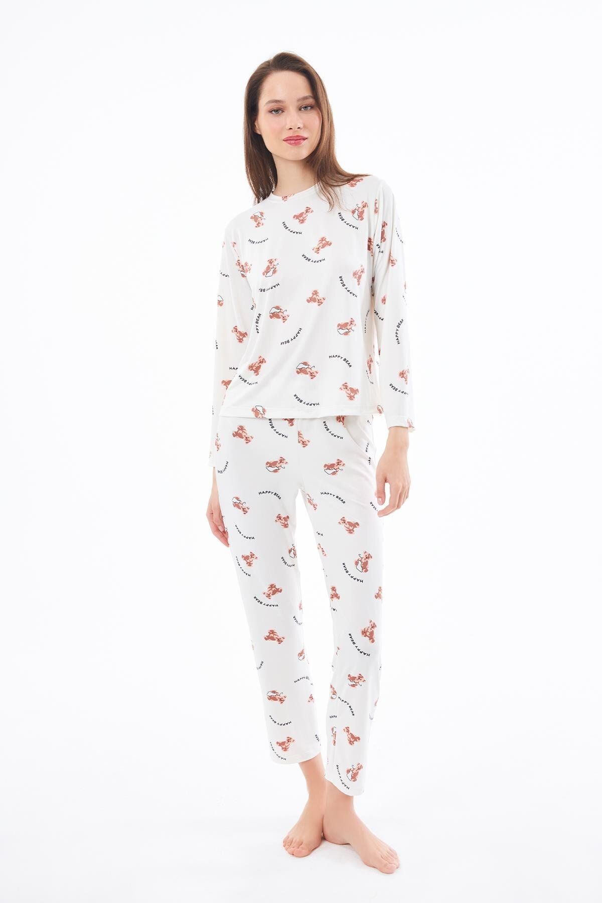 Cottonhill Premium Yazlık Kadın Pijama Takımı Ayıcık Desenli Yumuşak Dokulu Bisiklet Yaka Uzun Kollu
