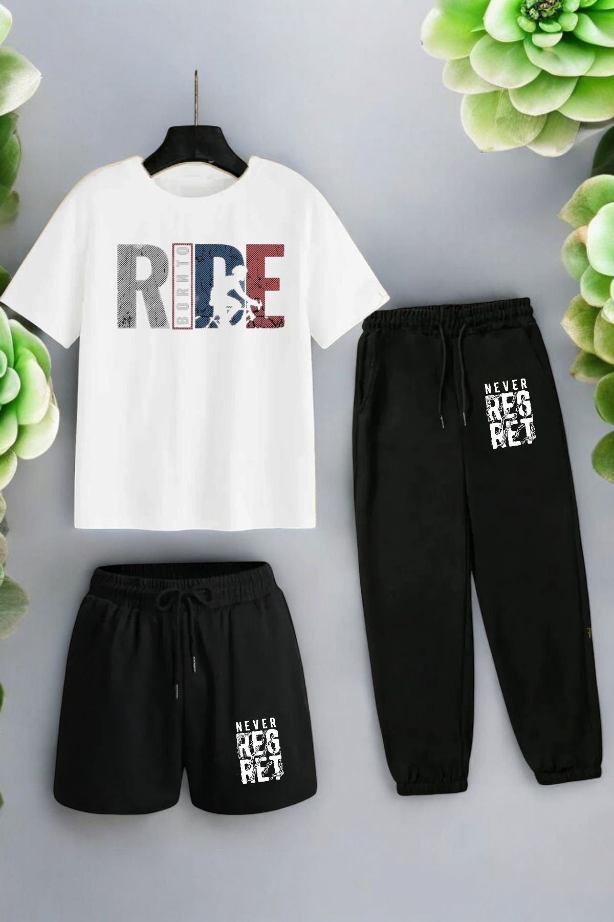 ELNOYA Unisex Siyah Oversize "Never Reg Ret" Baskılı Rahat Günlük T-shirt-Eşofman