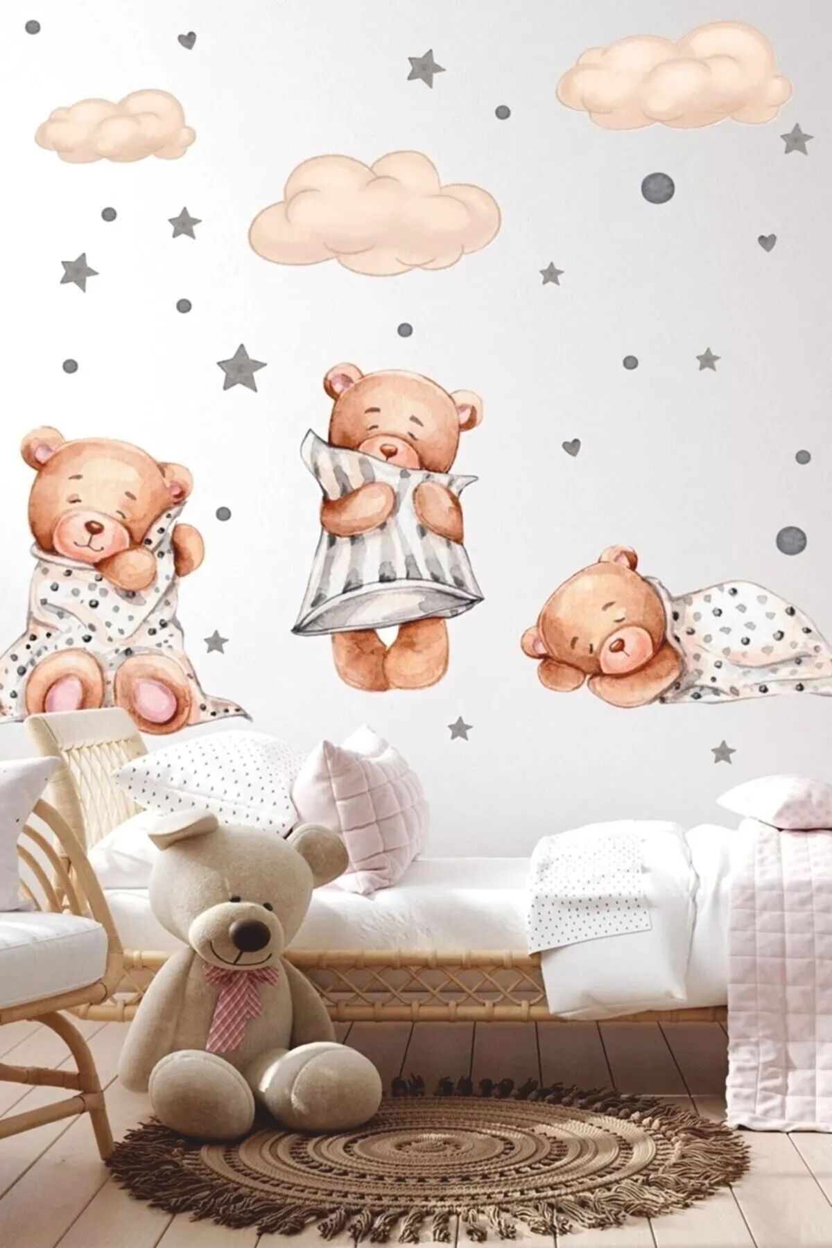 aiki Büyük Boy 3'lü Uyuyan Ayıcık Bulutlar Ve Yıldızlar Çocuk Bebek Odası Sticker Seti 70 x 100