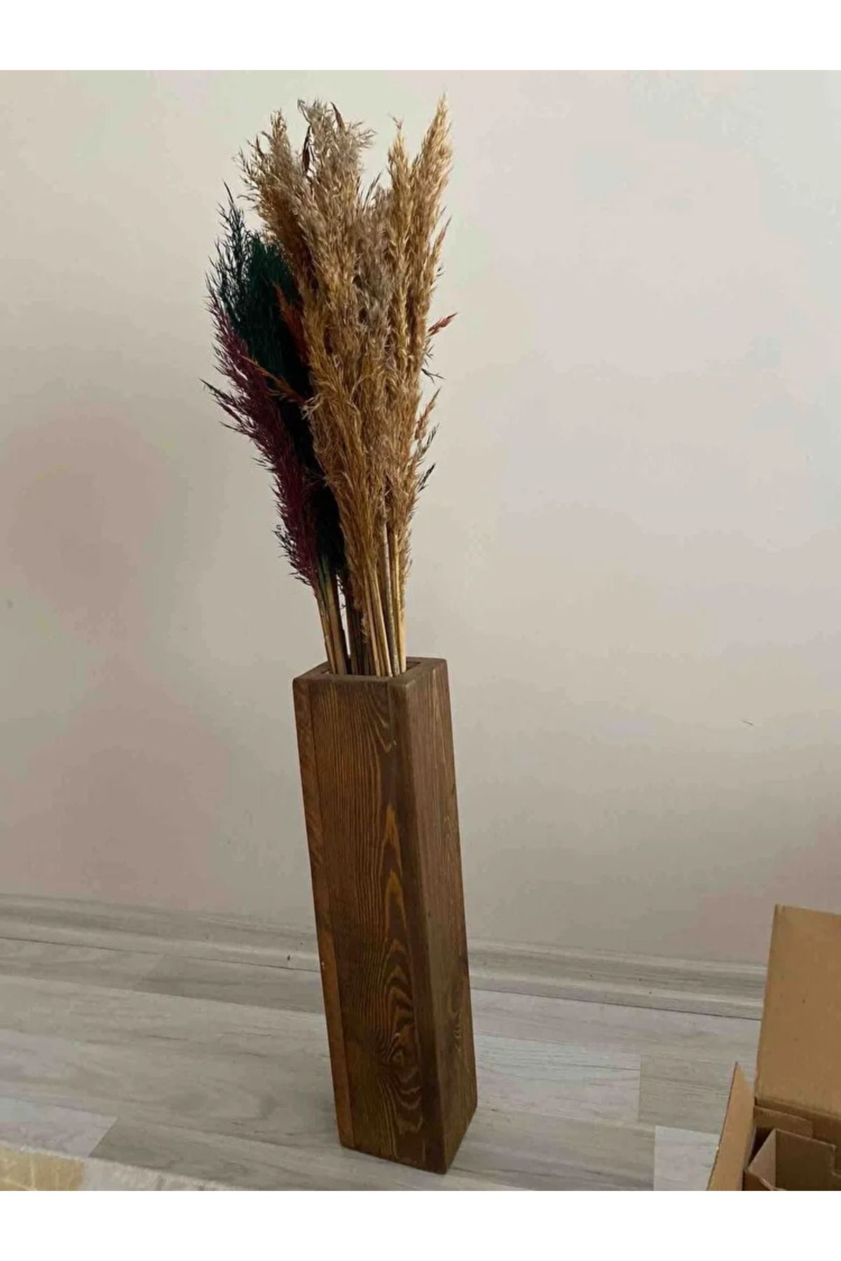 Wooden Factory Ahşap Dekoratif Vazo – Pampas & Yapay Çiçek İçin uzun Biblo 49 cm
