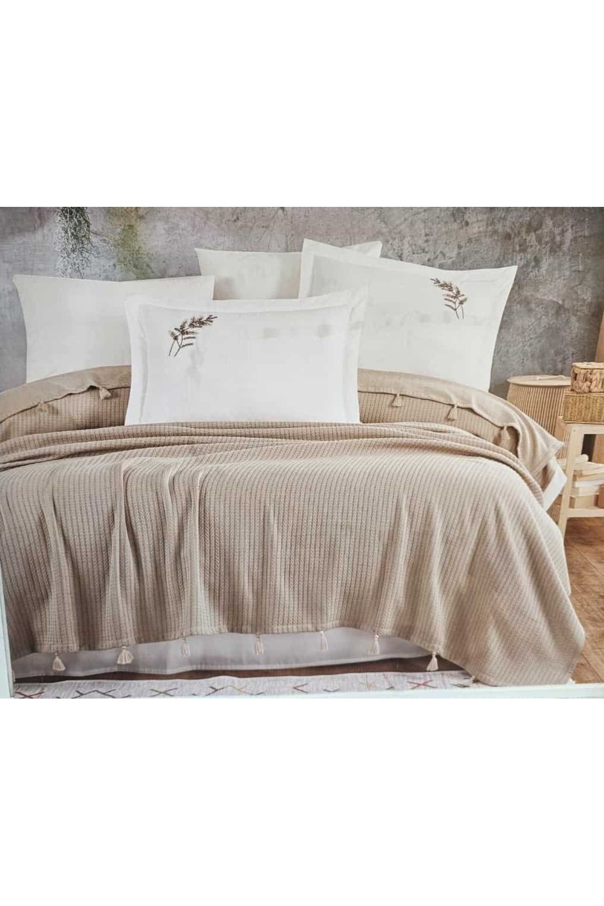 KÜBRAHOME'S-New Home Tasseled Double Person Pi̇ke Set Cappi̇cuno 2