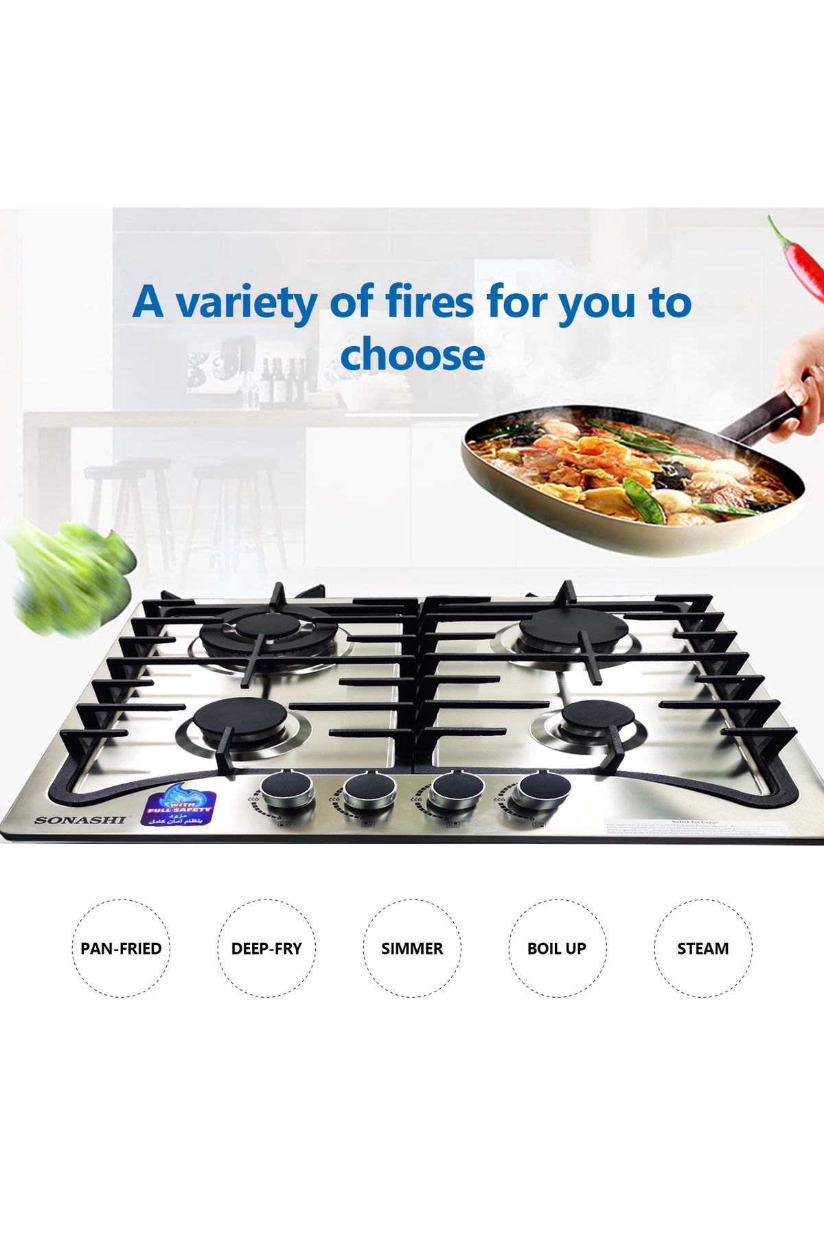 sonashi-4-burner Gas Hob - 60 Cms | Featured With Front Control Panel And Cast Iron Pan Stand | Gas Hob With 4