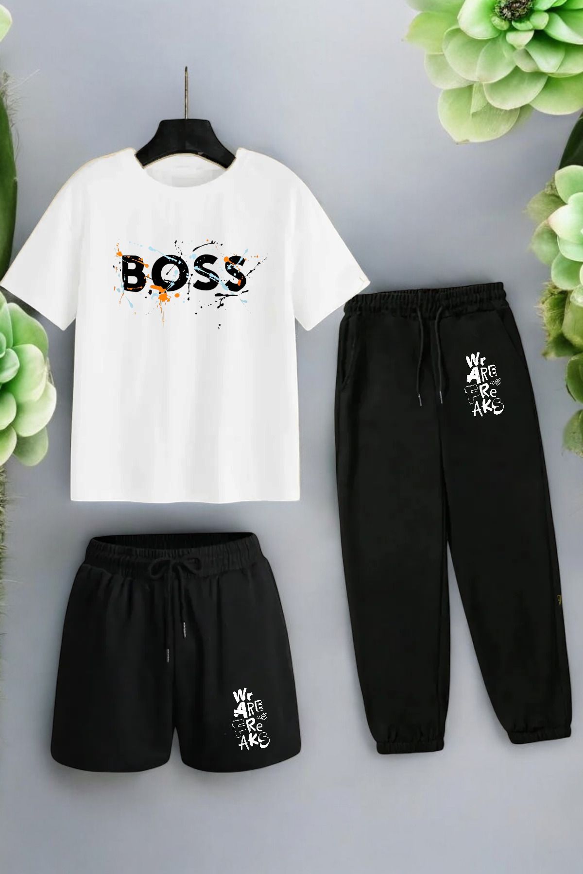 ELNOYA Unisex Siyah Oversize "BOSS" Baskılı Rahat Günlük T-shirt-Eşofman