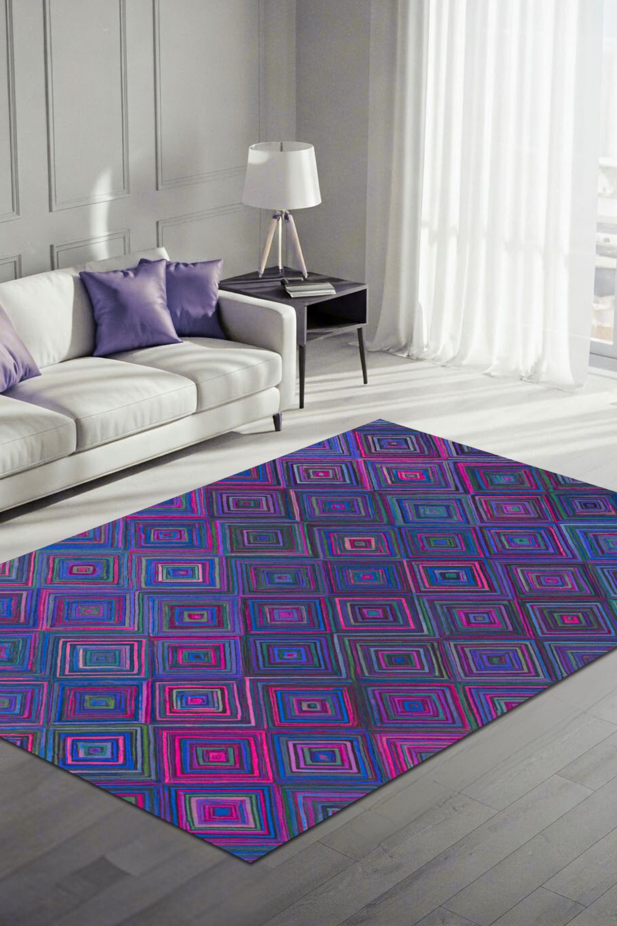 The Reef Design Geometrik Desenli Mor Halı Dijital Baskılı Kaymaz Tabanlı Yıkanabilir Kareli Oturma Odası Halısı