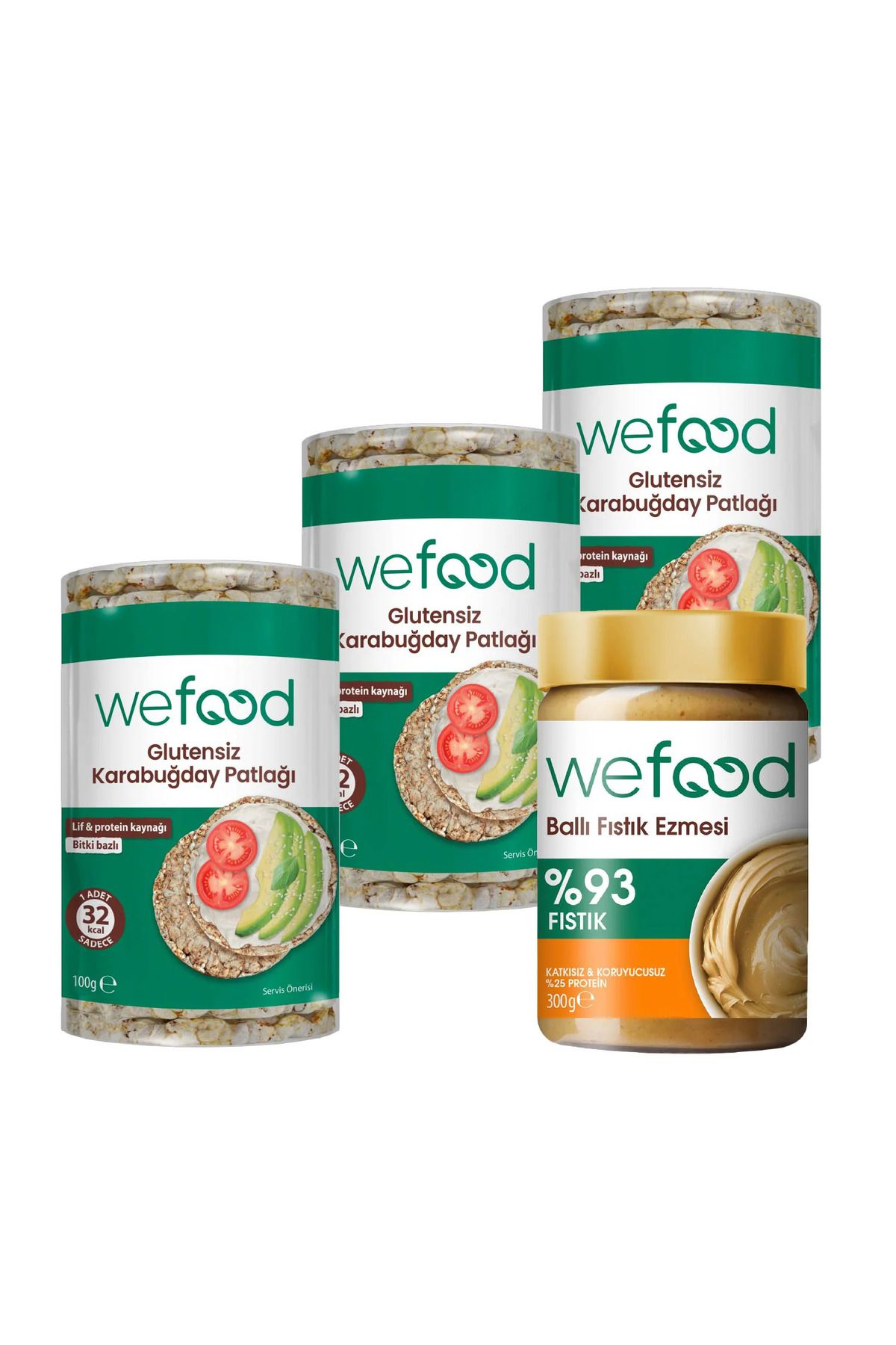 Wefood Şekersiz Ham Ballı Fıstık Ezmesi 300 gr + Wefood Glutensiz Karabuğday Patlağı 100 gr 3'lü