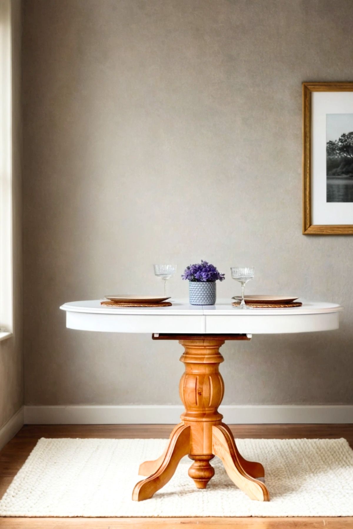 Woodenbend Ronya Natural Beyaz Ahşap Oval Açılır Masa 80x120