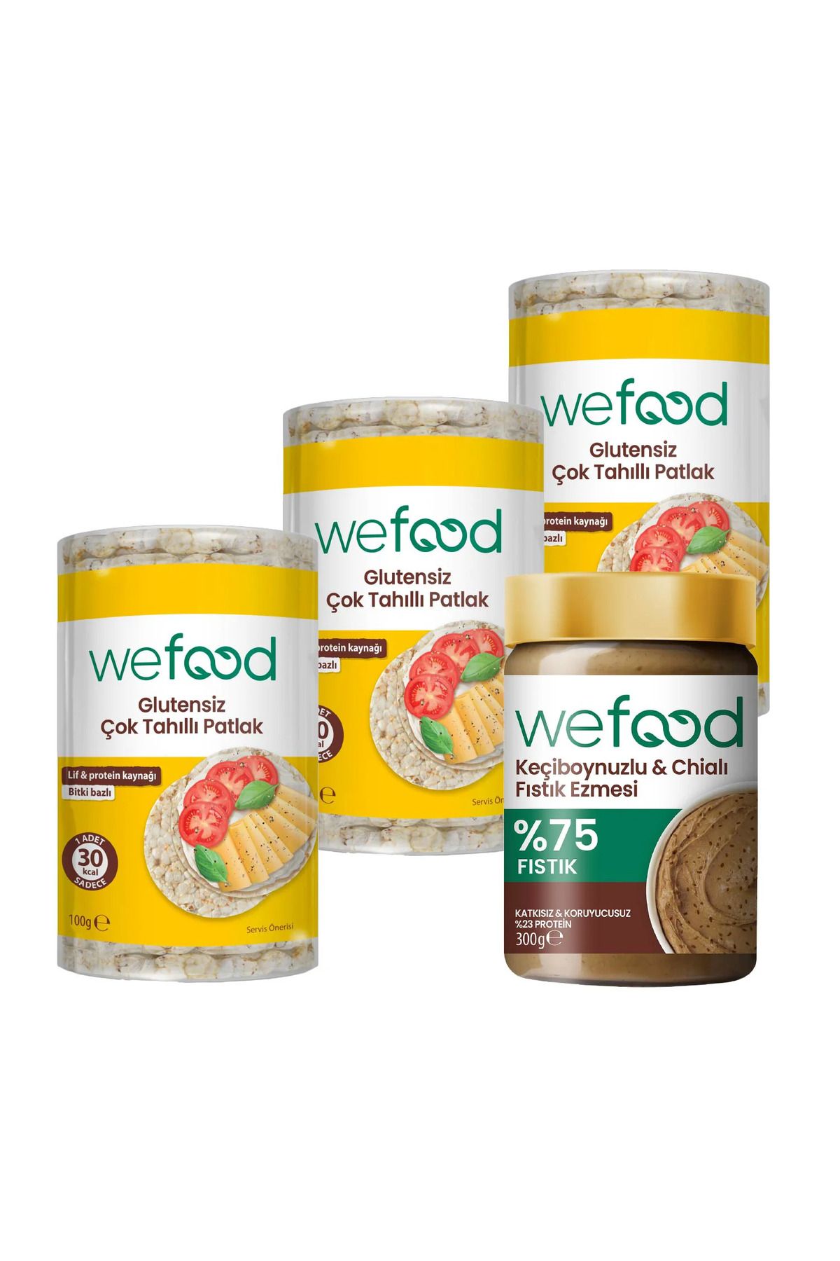Wefood Keçiboynuzlu & Chialı Fıstık Ezmesi 300 g + Wefood Glutensiz Çok Tahıllı Patlak 100 gr 3'lü