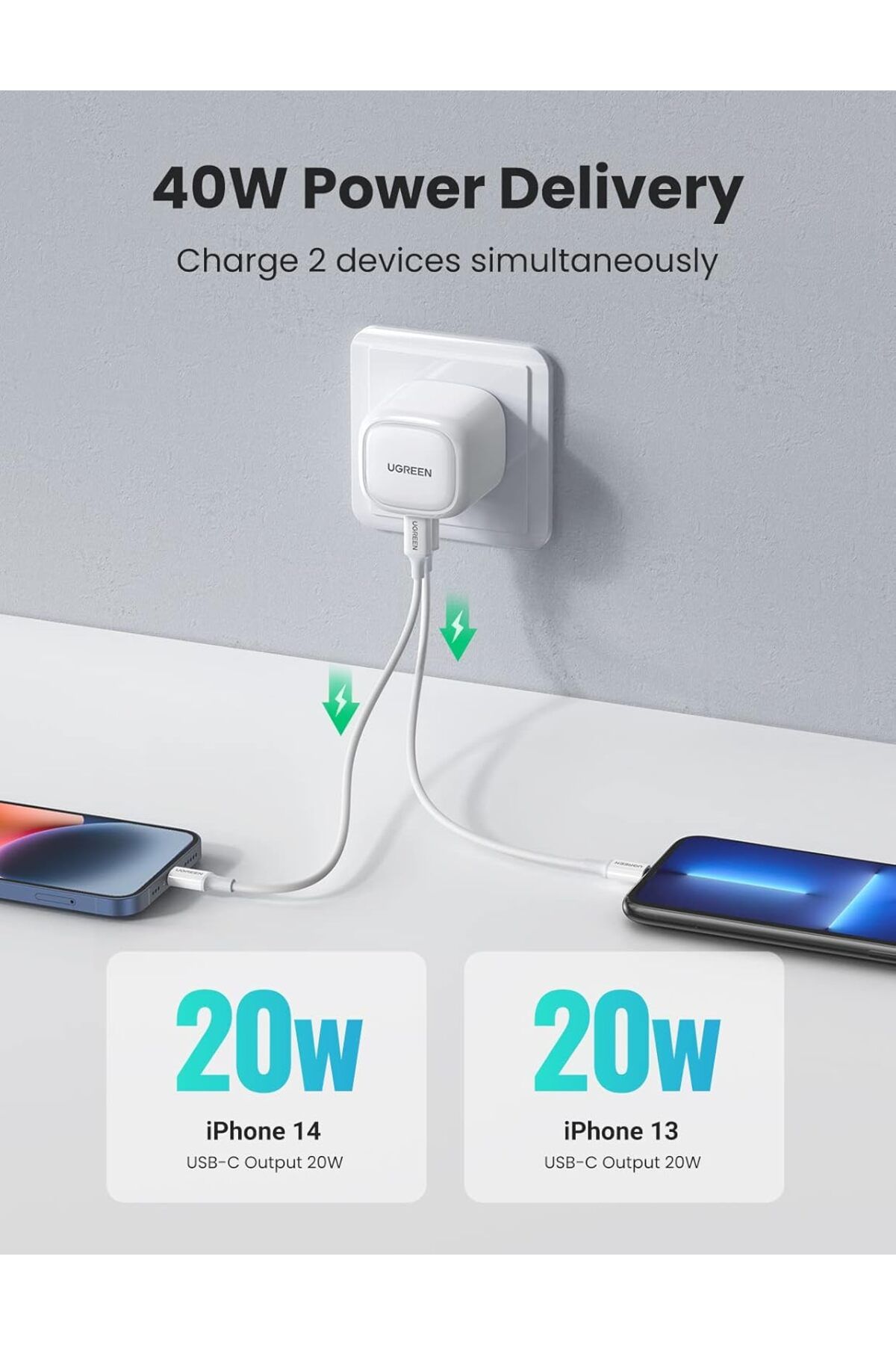 Ugreen-شاحن PD 40 واط USB-C قابل للطي 20 واط ثنائي المنفذ شاحن سريع لأجهزة iPhone 14 وiPad وSamsung 3