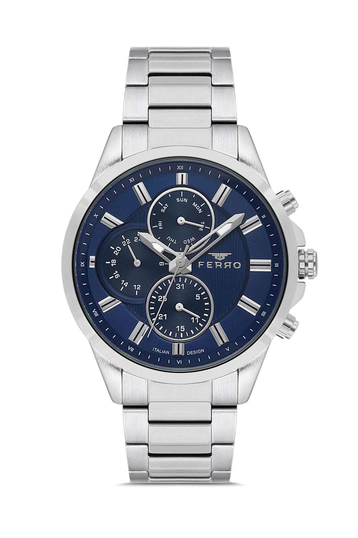 FERRO FM11533AWT-A3 Quartz Çelik Gri Mavi Kadran 46 mm Erkek Kol Saati