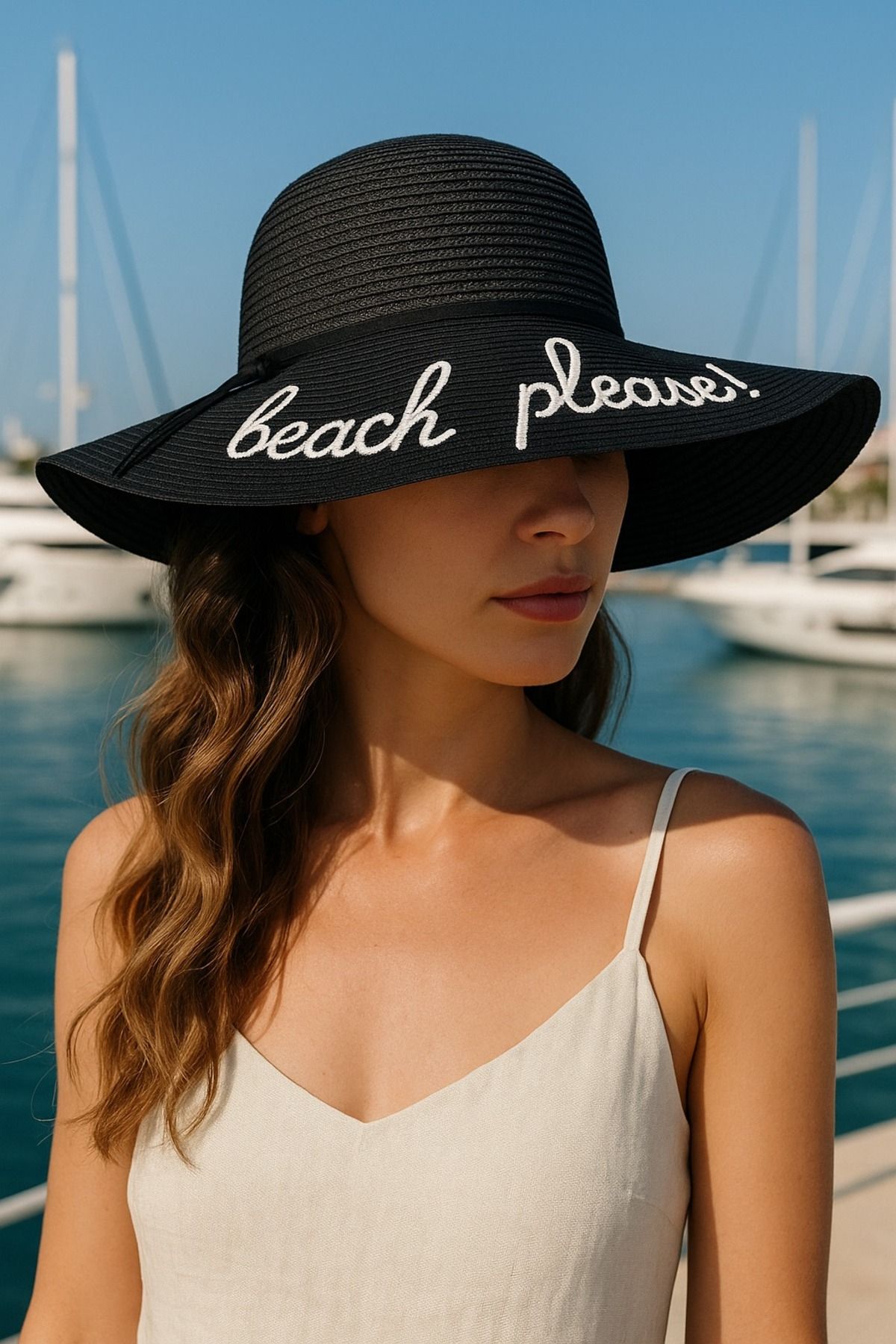 LAGRANZE Beach Please! Nakışlı Geniş Siperli Hasır Kadın Plaj Şapkası