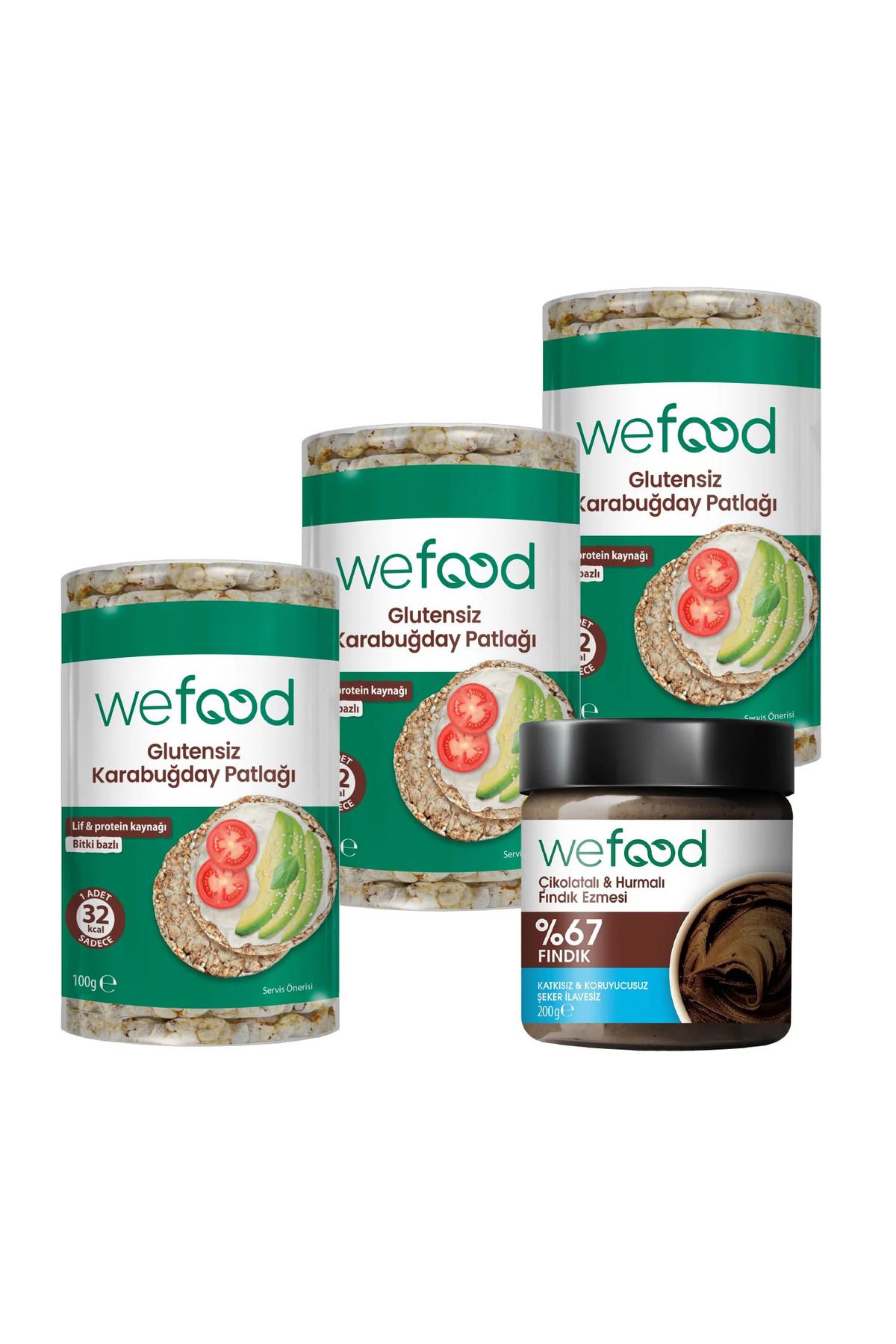 Wefood Çikolatalı Hurmalı Fındık Ezmesi 200 gr + Wefood Glutensiz Karabuğday Patlağı 100 gr 3'lü
