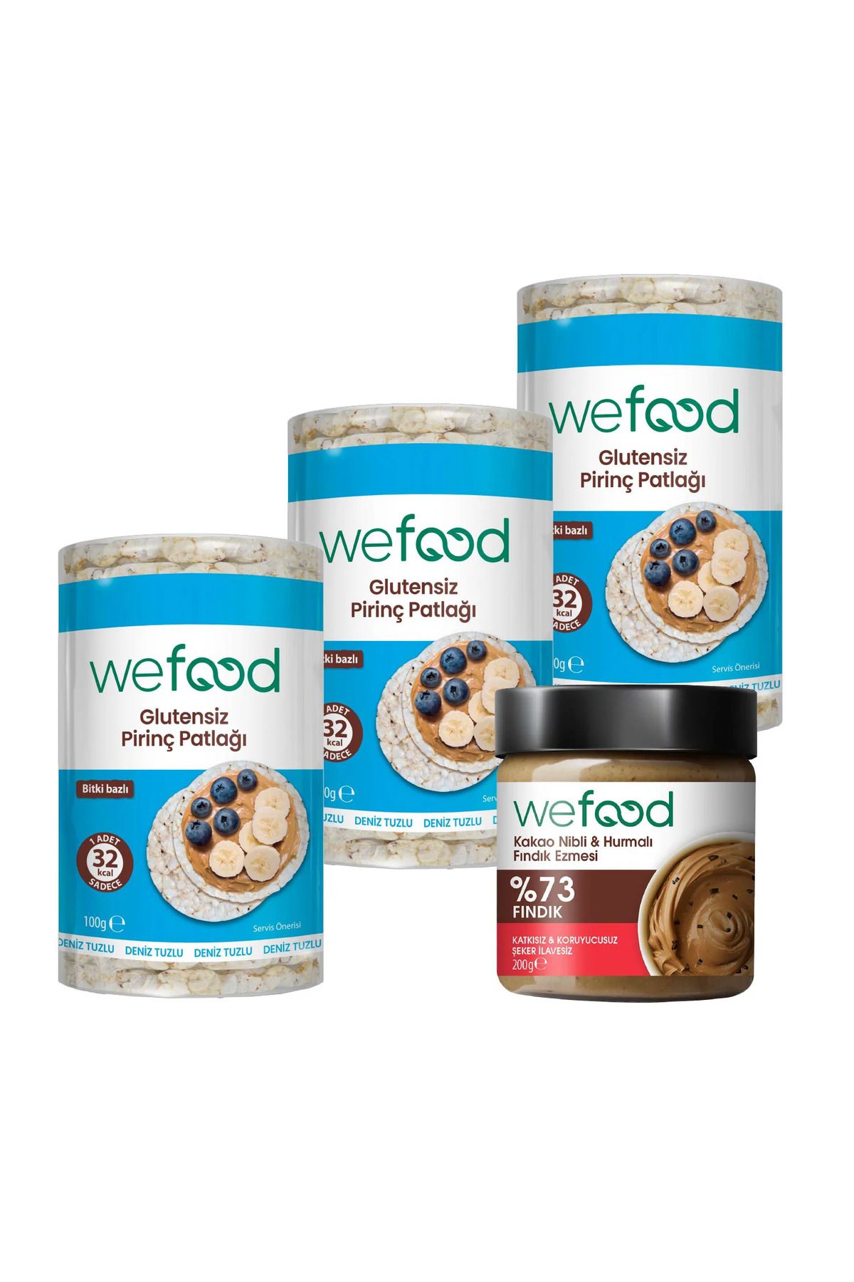 Wefood Kakao Nibli Fındık Ezmesi 200 gr +Wefood Glutensiz Pirinç Patlağı 100 gr 3'lü