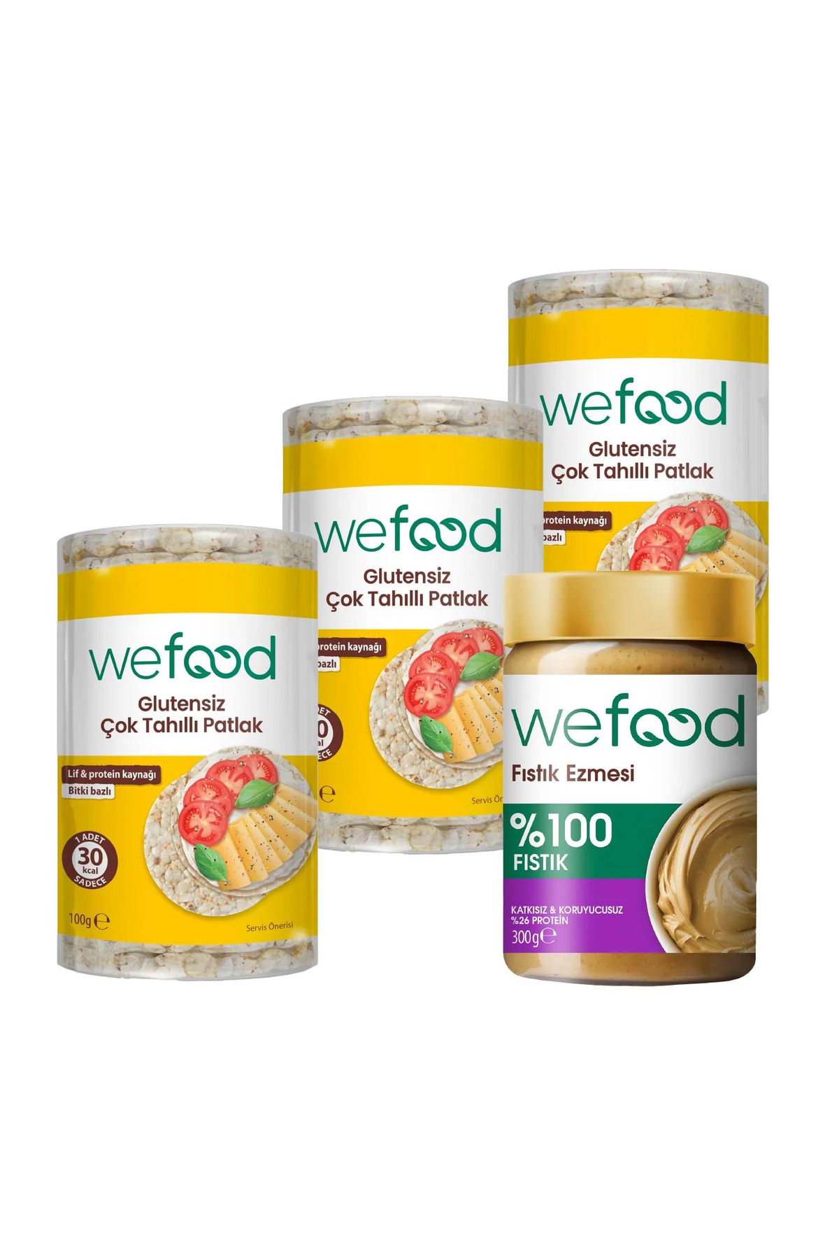 Wefood %100 Fıstık Ezmesi 300 gr + Wefood Glutensiz Çok Tahıllı Patlak 100 gr 3'lü