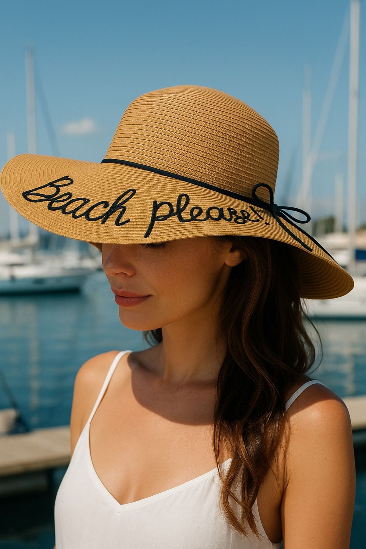 LAGRANZE Beach Please! Nakışlı Geniş Siperli Hasır Kadın Plaj Şapkası