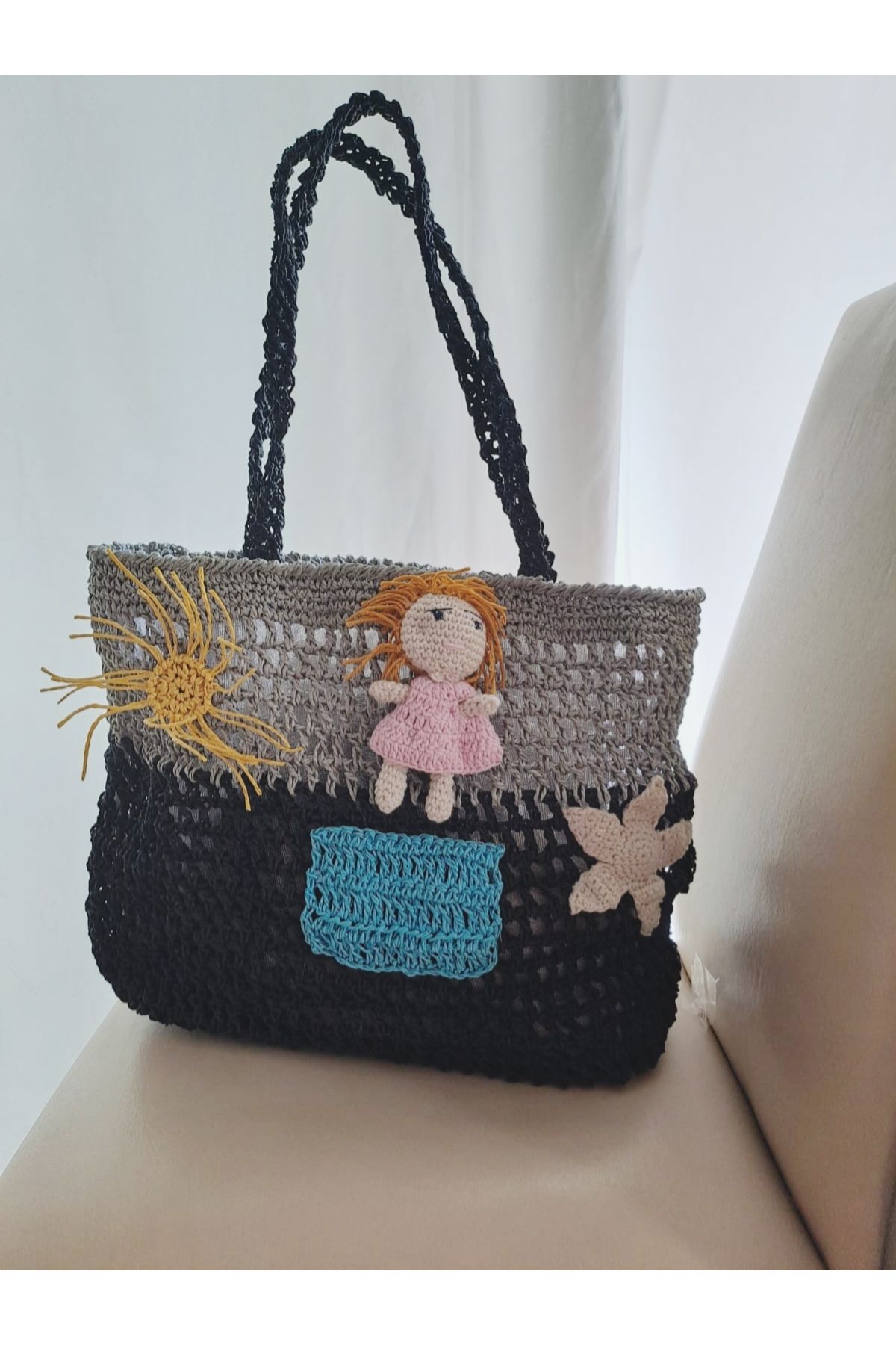 özlemmmoda Plaj Çantası Siyah& Gri Figür Detaylı El Emeği