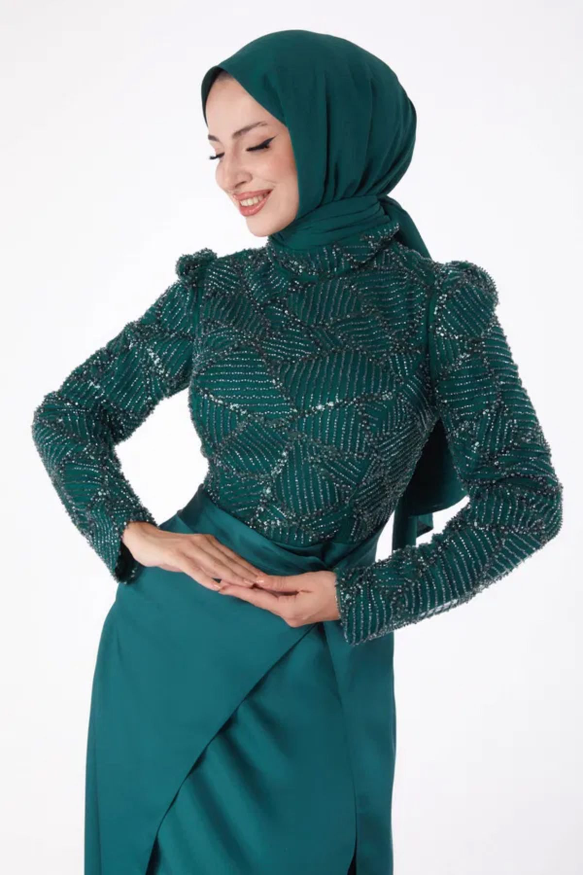 Butik Düz Hakim Yaka Kadın Mavi Taşlı Abiye Elbise