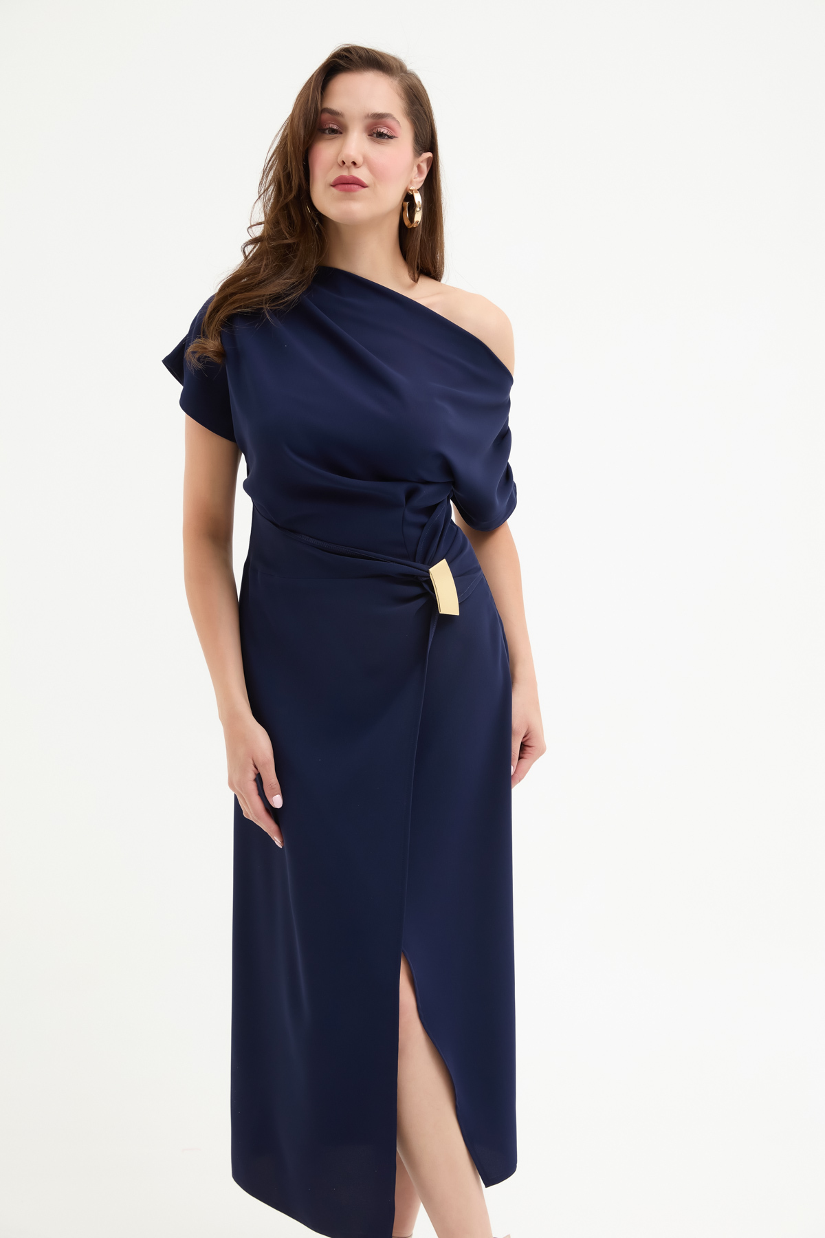 Lafaba  Kadın Lacivert Dar Kalıp Aksesuar Detay Midi Elbise - Görsel 3